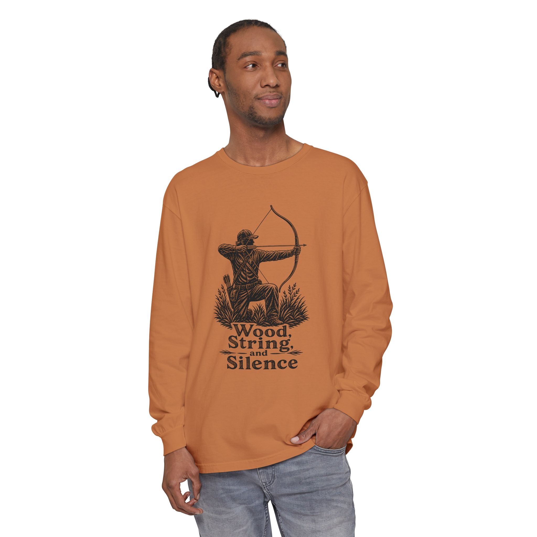 Comfort Colors Archery Long Sleeve Shirt — "Wood, String, and Silence" Vintage Archer Tee