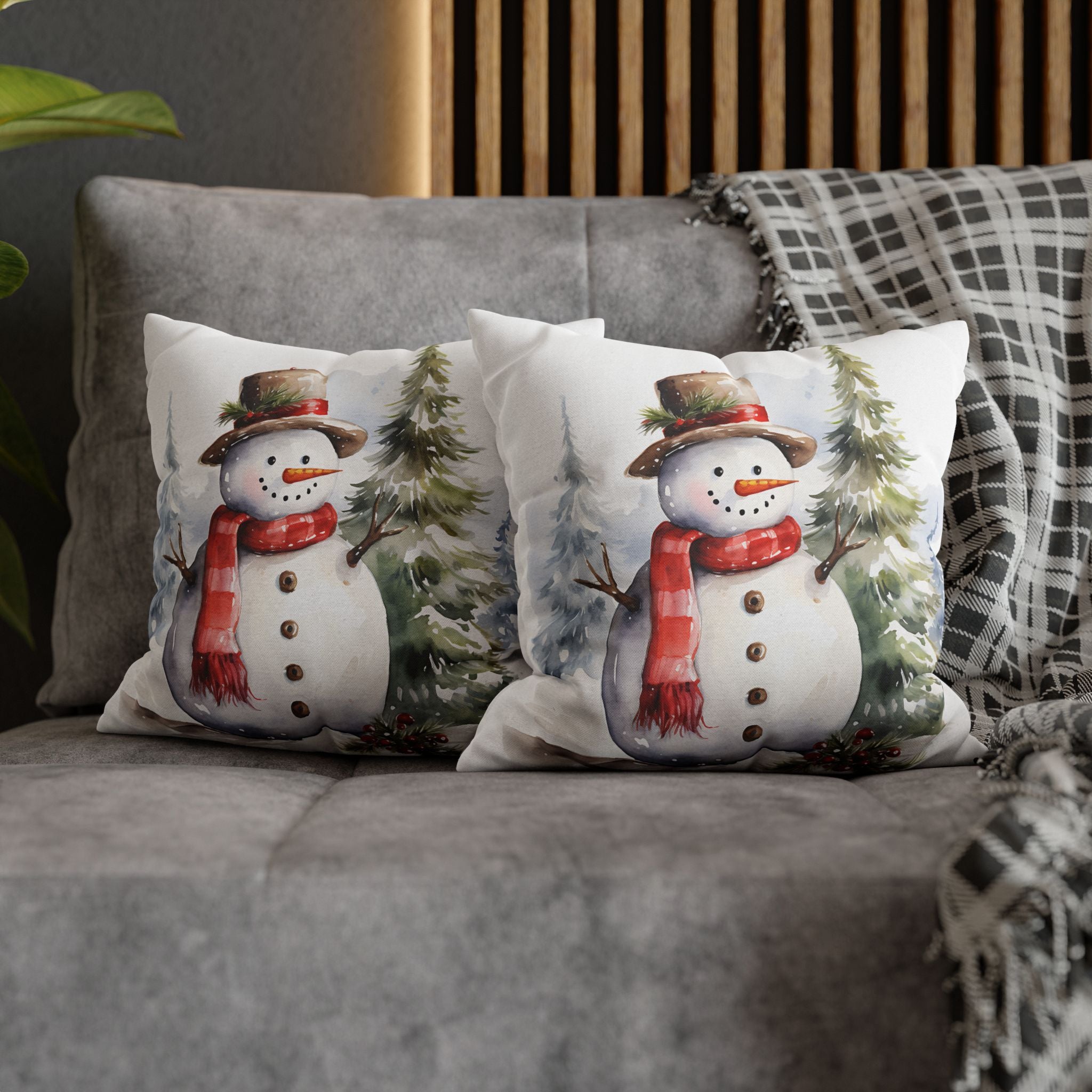 Watercolor Snowman Holiday Pillowcase — Festive Winter Throw Pillow Cover