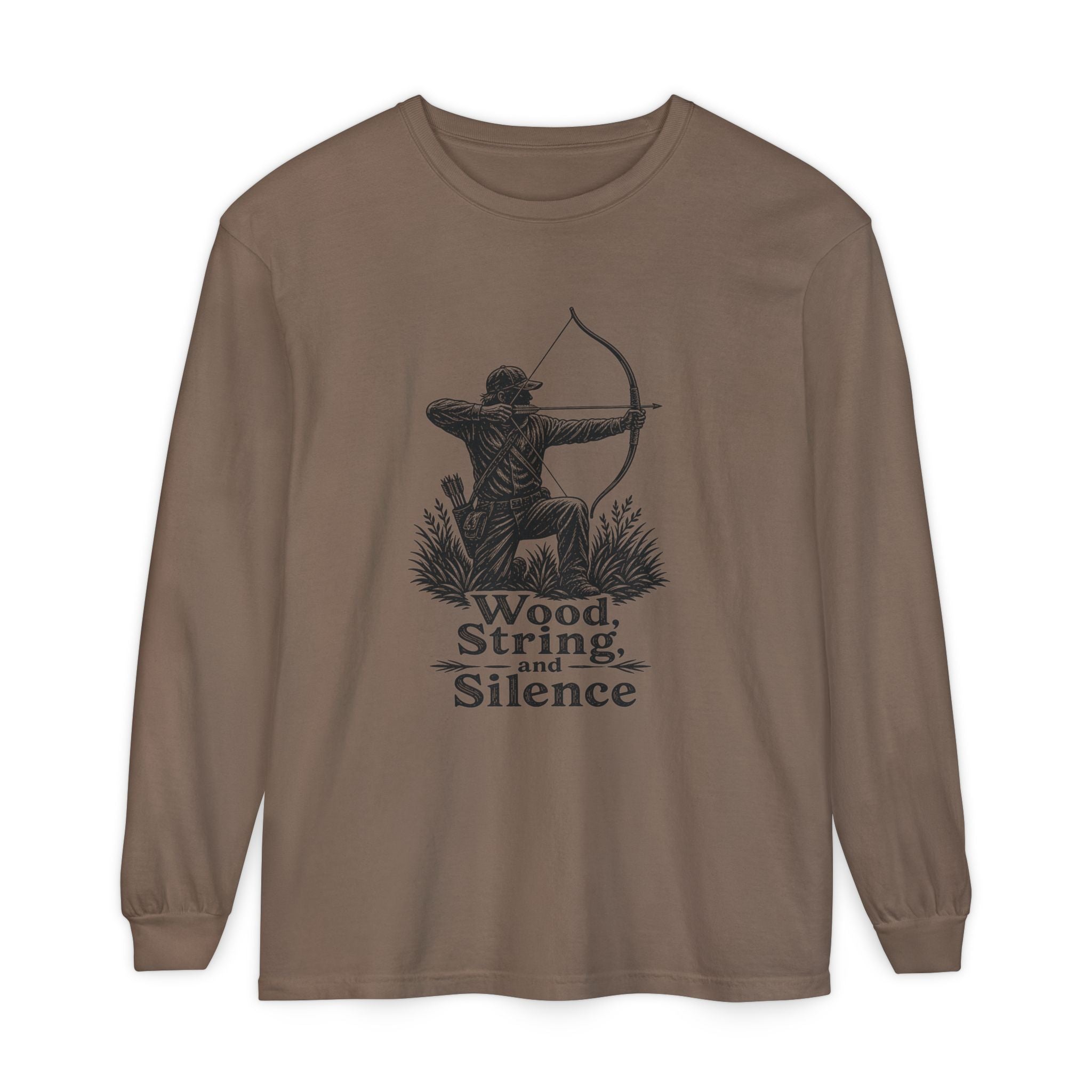 Comfort Colors Archery Long Sleeve Shirt — "Wood, String, and Silence" Vintage Archer Tee