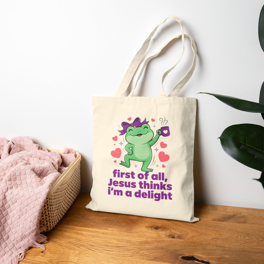 Tote Bag — "First of All, Jesus Thinks I'm a Delight" Cute Frog Christian Tote