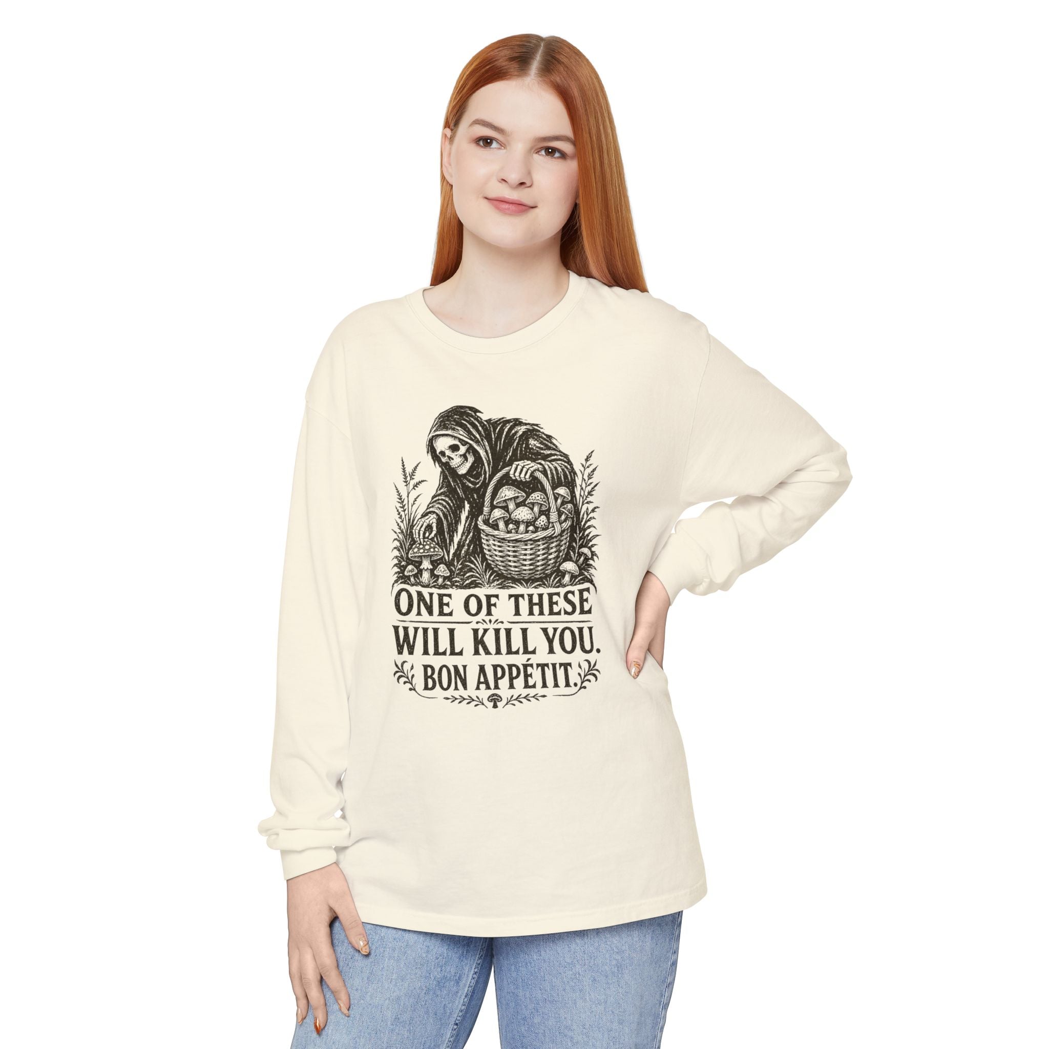 Comfort Colors Grim Reaper Harvest Long Sleeve Tee – "One of These Will Kill You. Bon Appétit."