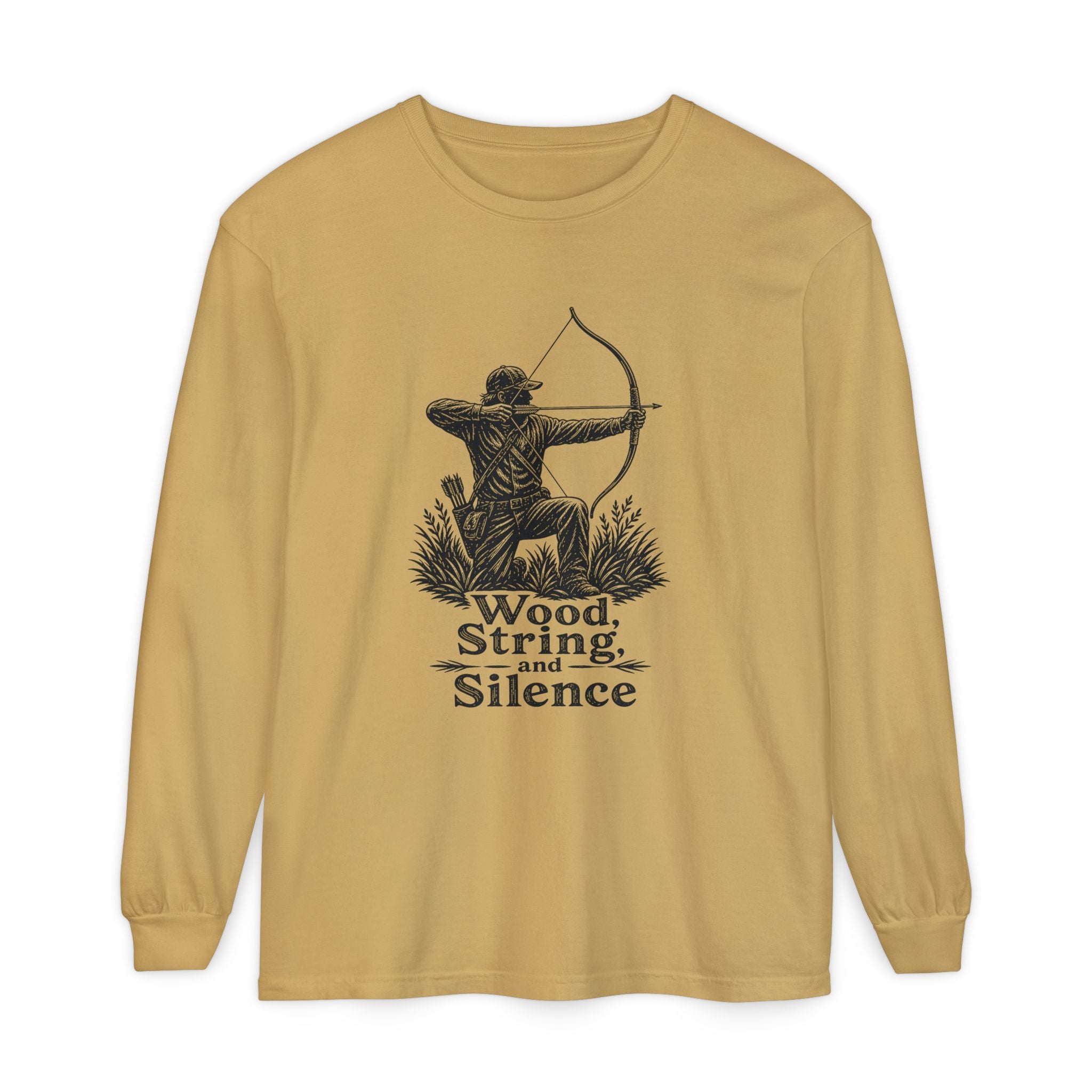Comfort Colors Archery Long Sleeve Shirt — "Wood, String, and Silence" Vintage Archer Tee