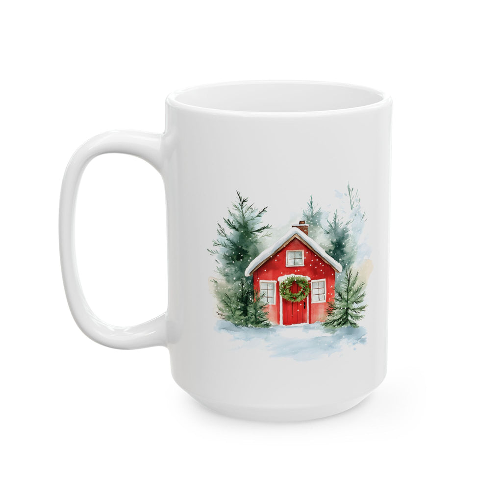 Ceramic Mug — Cozy Winter Barn Watercolor Coffee Mug (11oz, 15oz)
