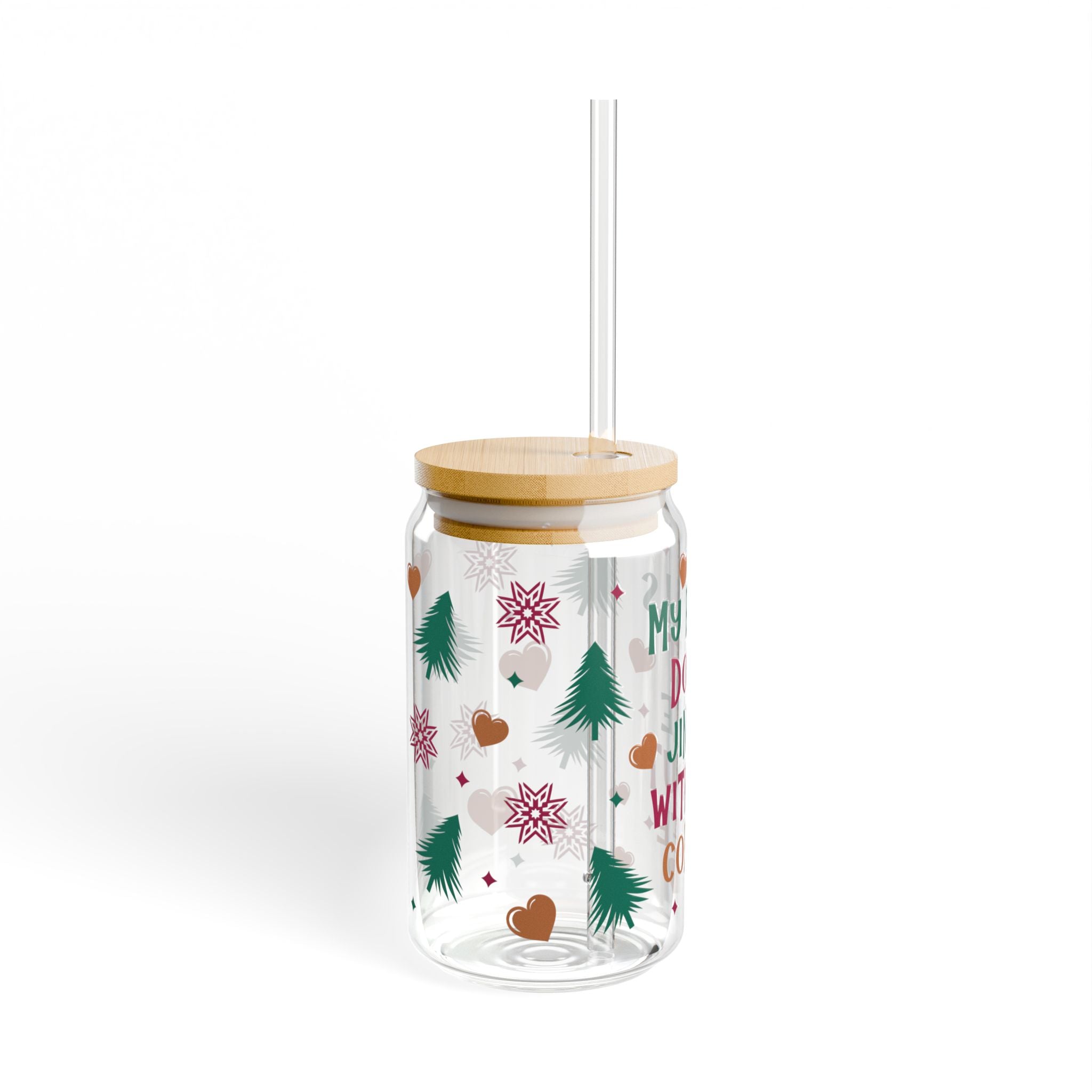 Holiday Coffee Sipper Glass, 16oz – "My Bells Don’t Jingle Without Coffee" Festive Reusable Cup