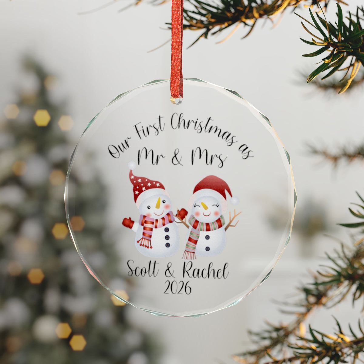 Our First Christmas as Mr & Mrs Glass Ornament | Snowman Couple Holiday Ornament