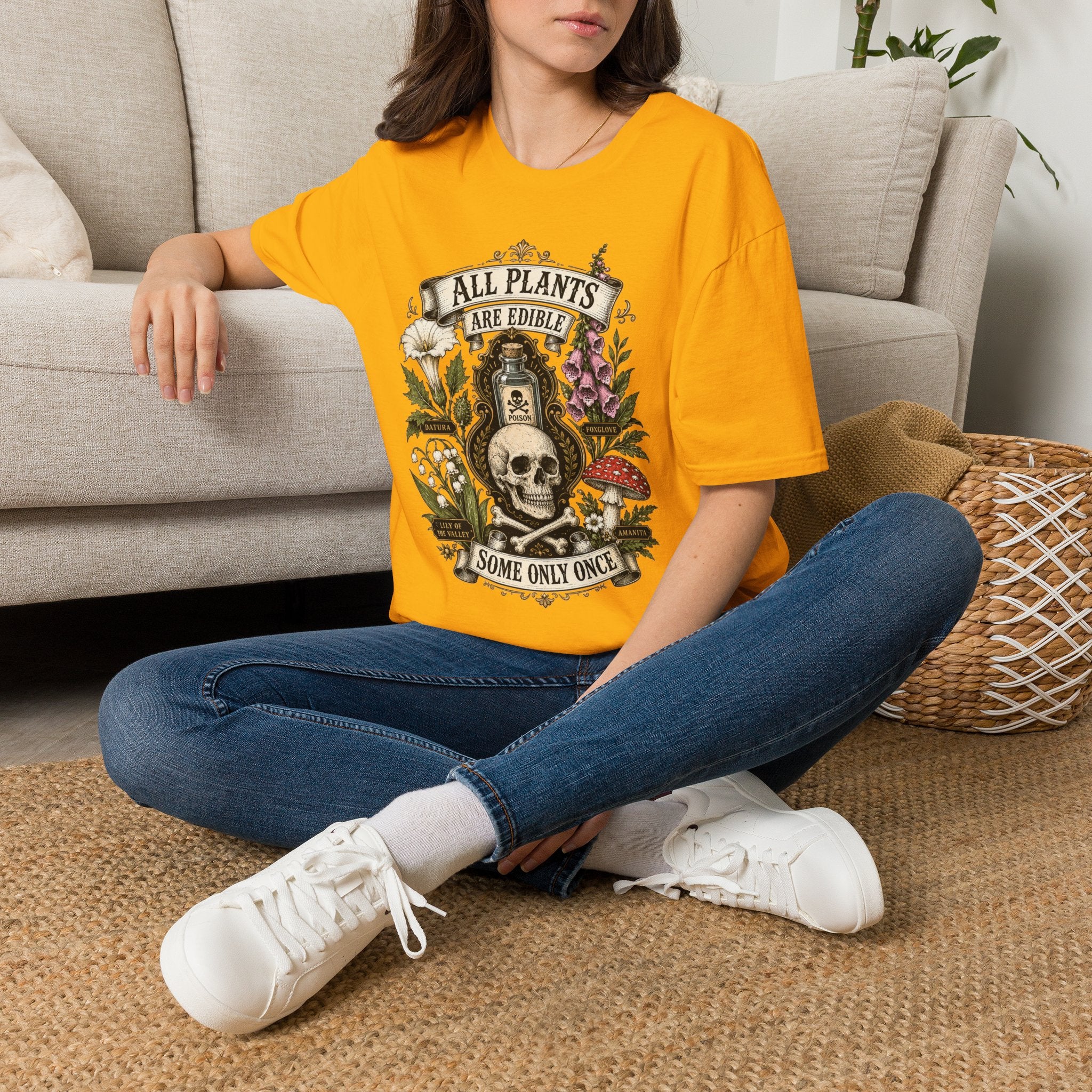T-Shirt — "All Plants Are Edible (Some Only Once)" Botanical Skull Graphic Tee