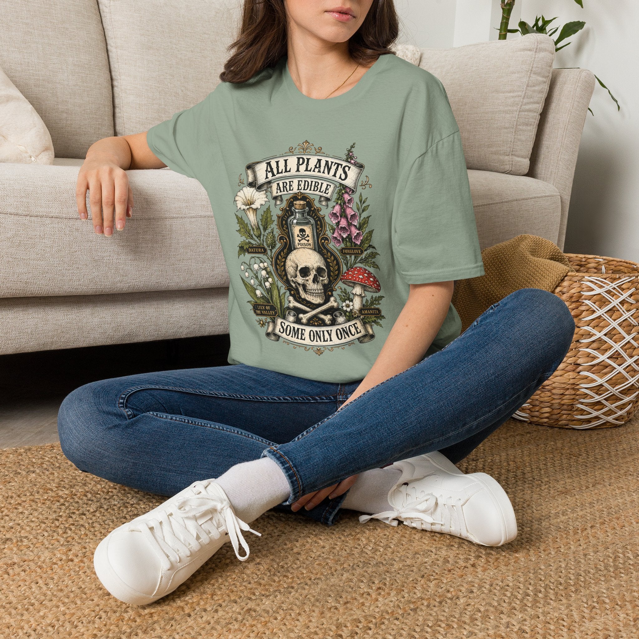 T-Shirt — "All Plants Are Edible (Some Only Once)" Botanical Skull Graphic Tee