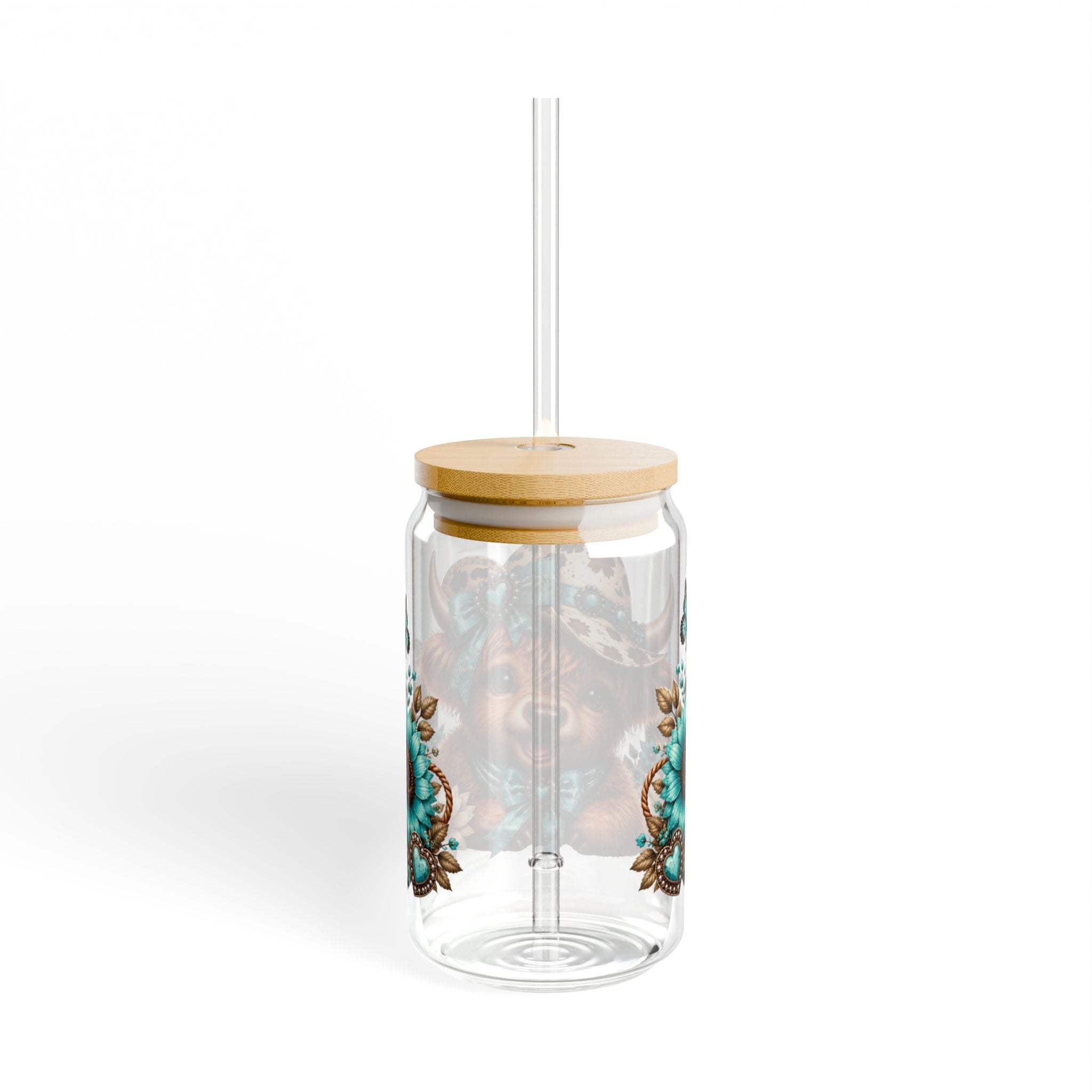 16oz Sipper Glass – Cute Highland Cow with Turquoise Sunflowers Straw Tumbler