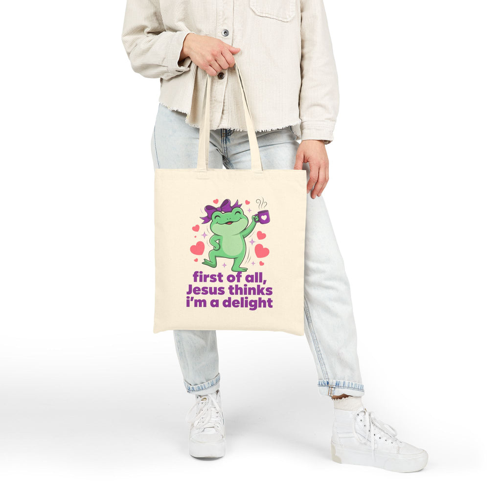 Tote Bag — "First of All, Jesus Thinks I'm a Delight" Cute Frog Christian Tote
