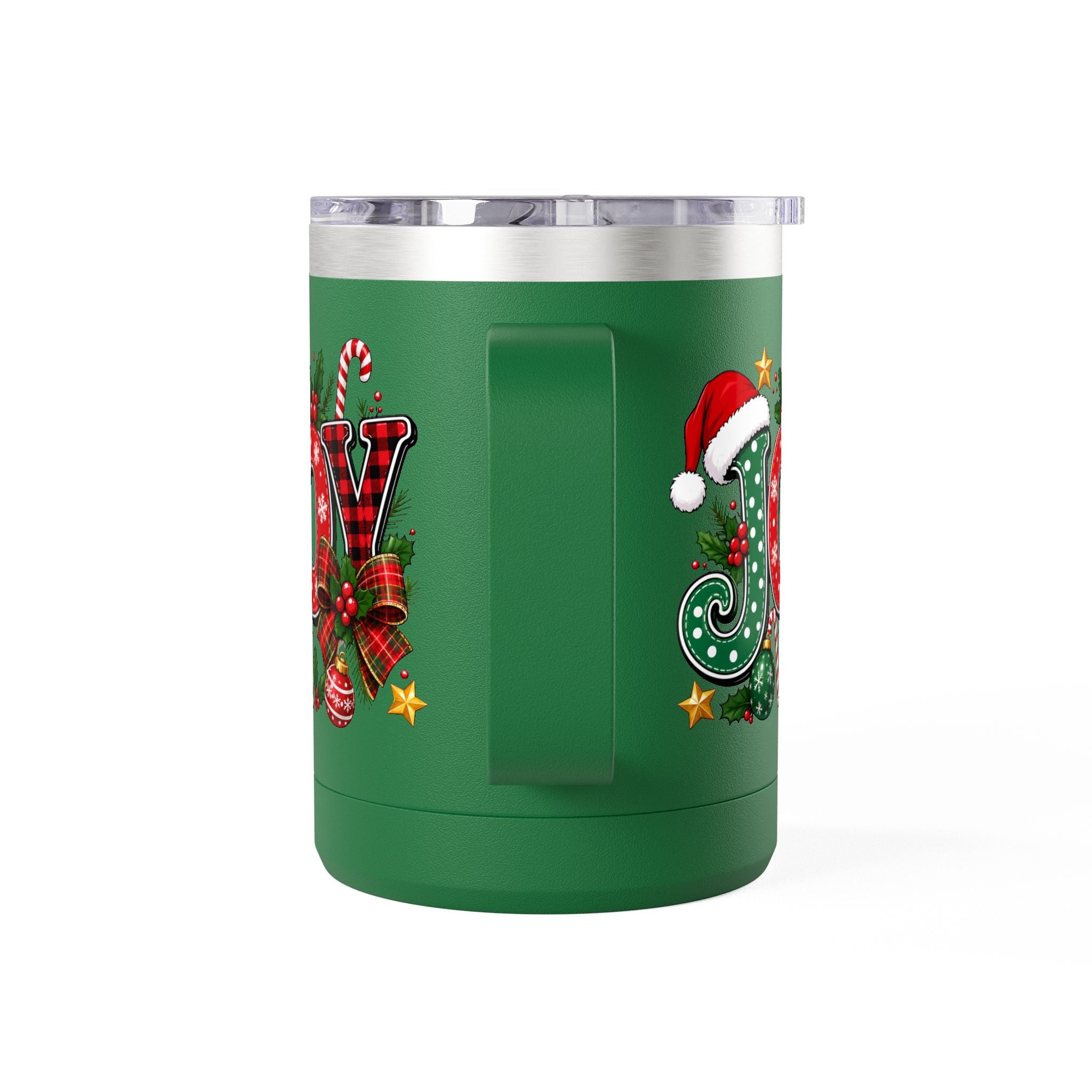 Joy Christmas Mug Tumbler — 15oz Holiday Coffee Cup with Candy Cane & Santa Hat Design