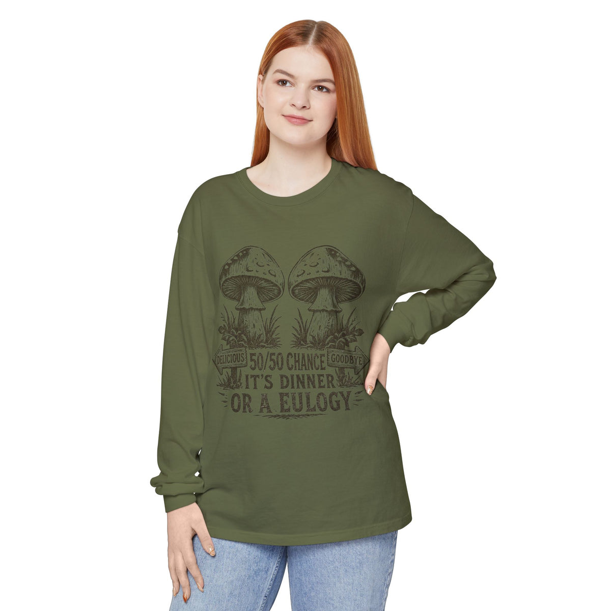 Comfort Colors Long Sleeve T-Shirt – Retro Mushroom Graphic “50/50 Chance It’s Dinner or a Eulogy”