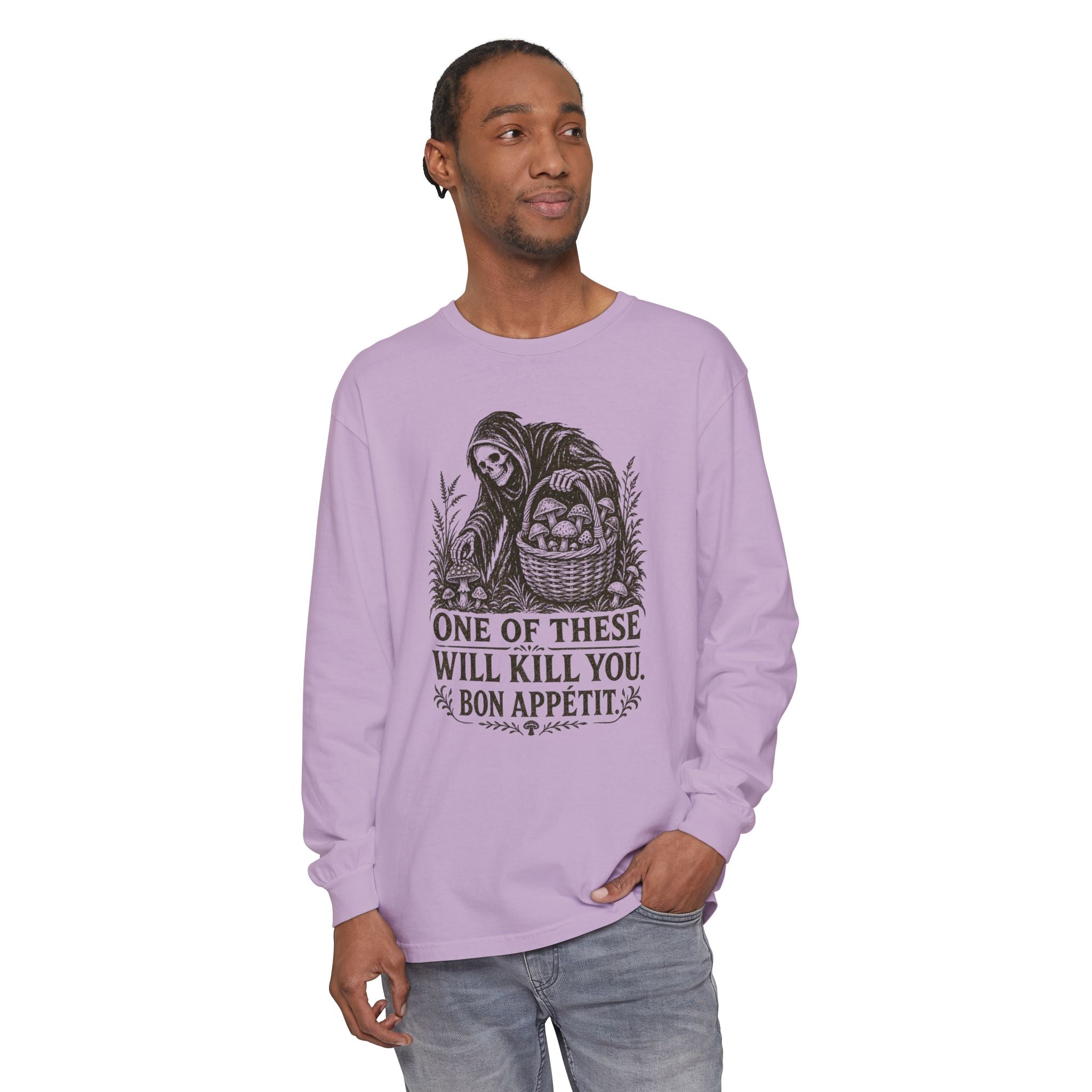 Comfort Colors Grim Reaper Harvest Long Sleeve Tee – "One of These Will Kill You. Bon Appétit."