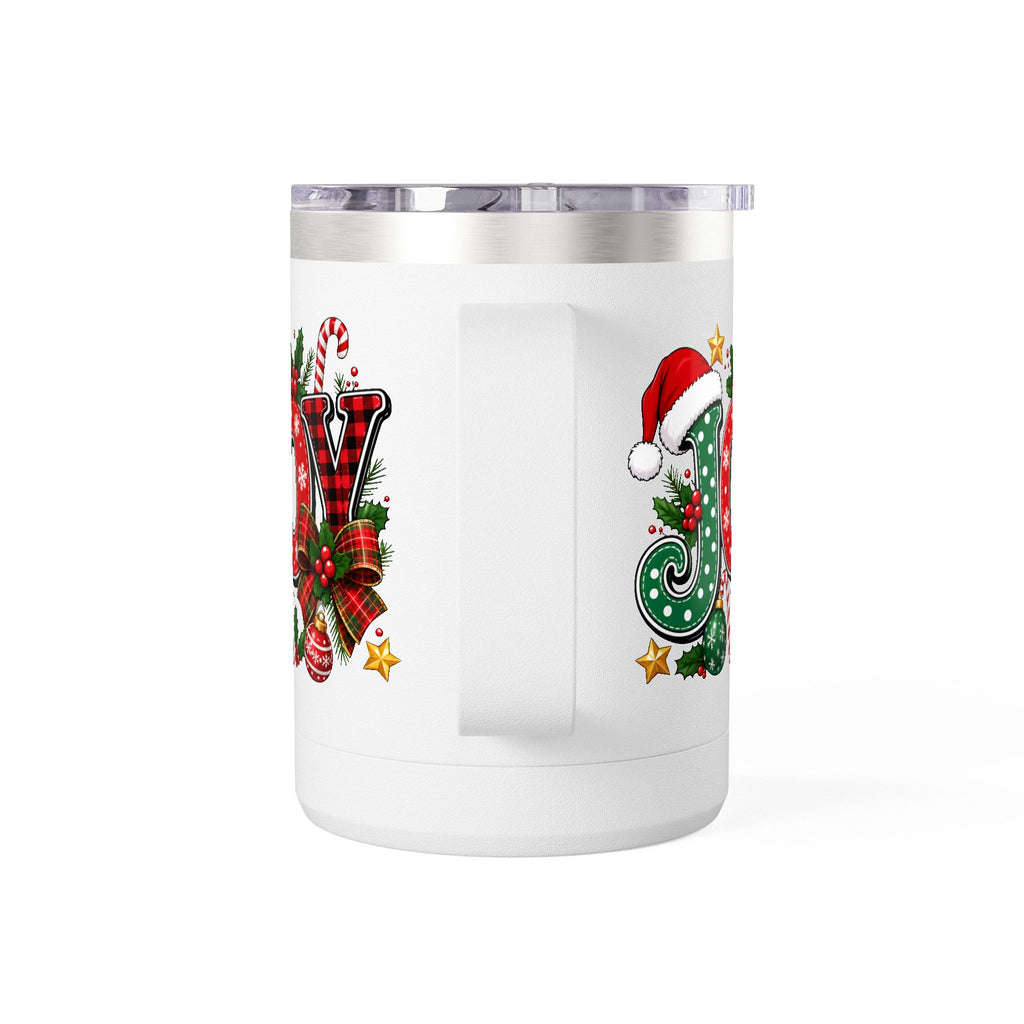 Joy Christmas Mug Tumbler — 15oz Holiday Coffee Cup with Candy Cane & Santa Hat Design