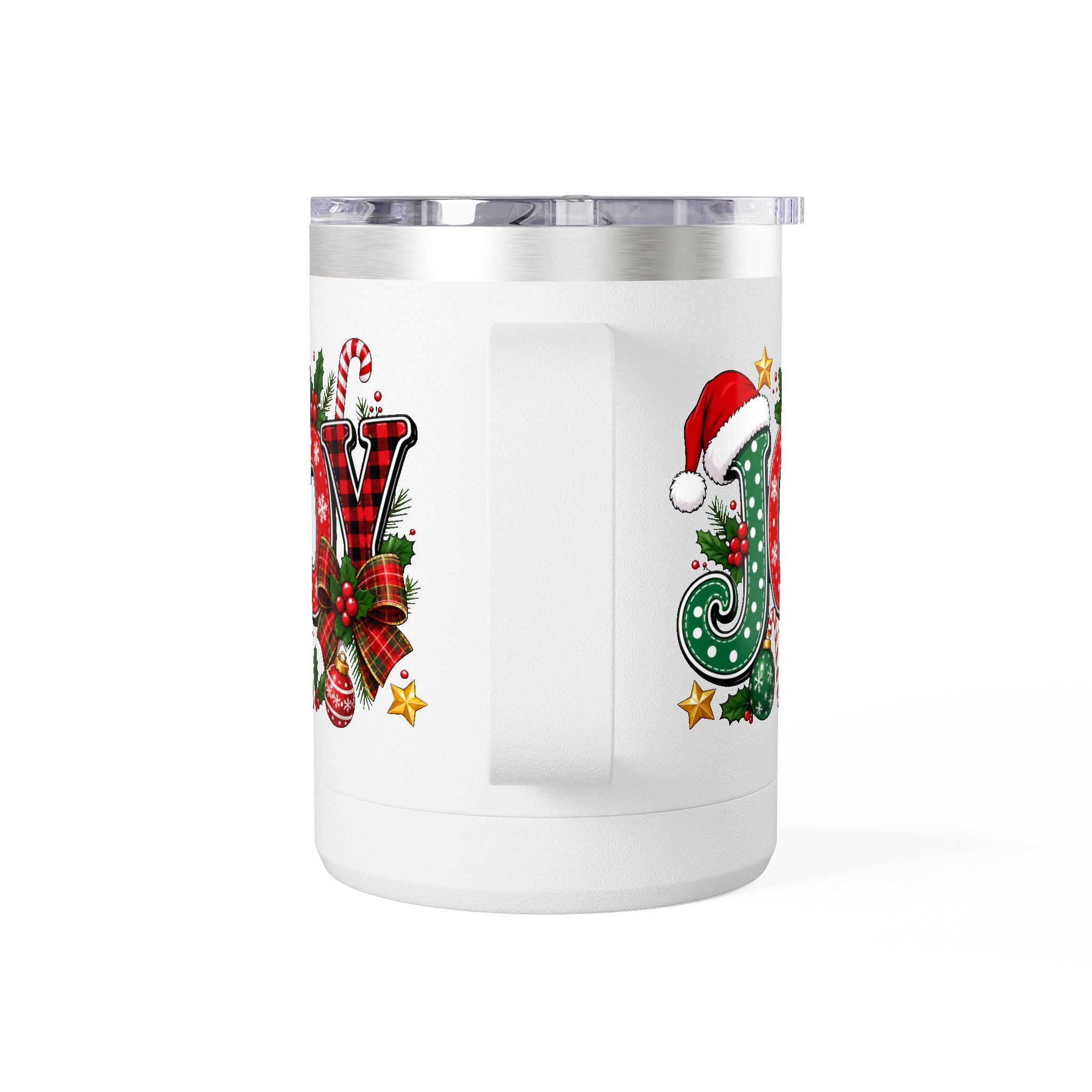 Joy Christmas Mug Tumbler — 15oz Holiday Coffee Cup with Candy Cane & Santa Hat Design