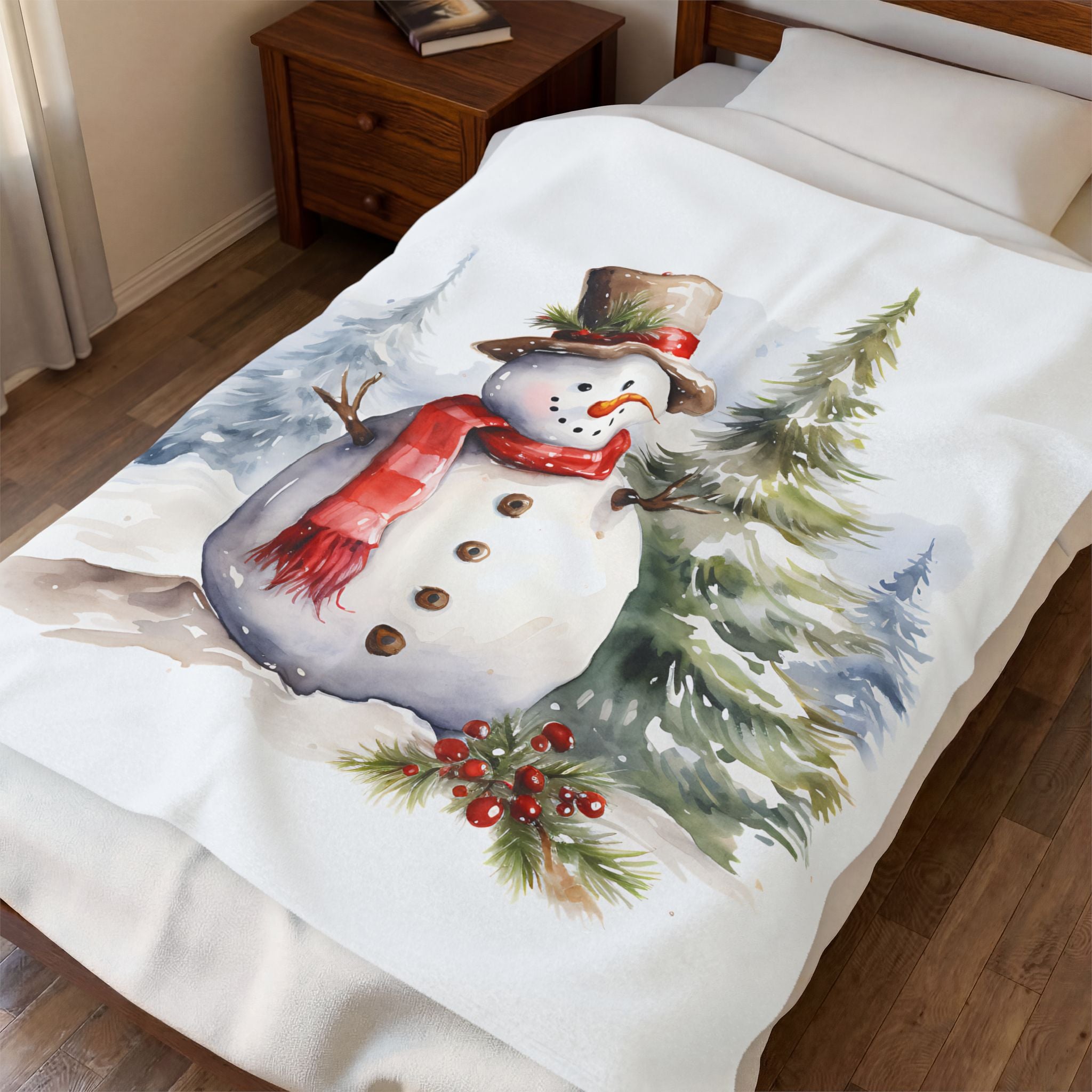 Watercolor Snowman Velveteen Plush Blanket | Christmas Winter Scene