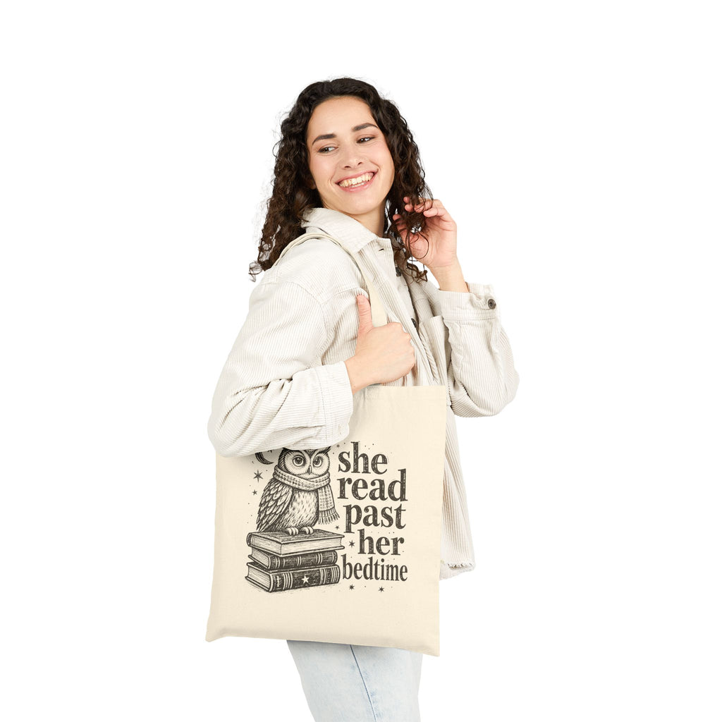 Tote Bag — "She Read Past Her Bedtime" Owl Book Lover Canvas Tote