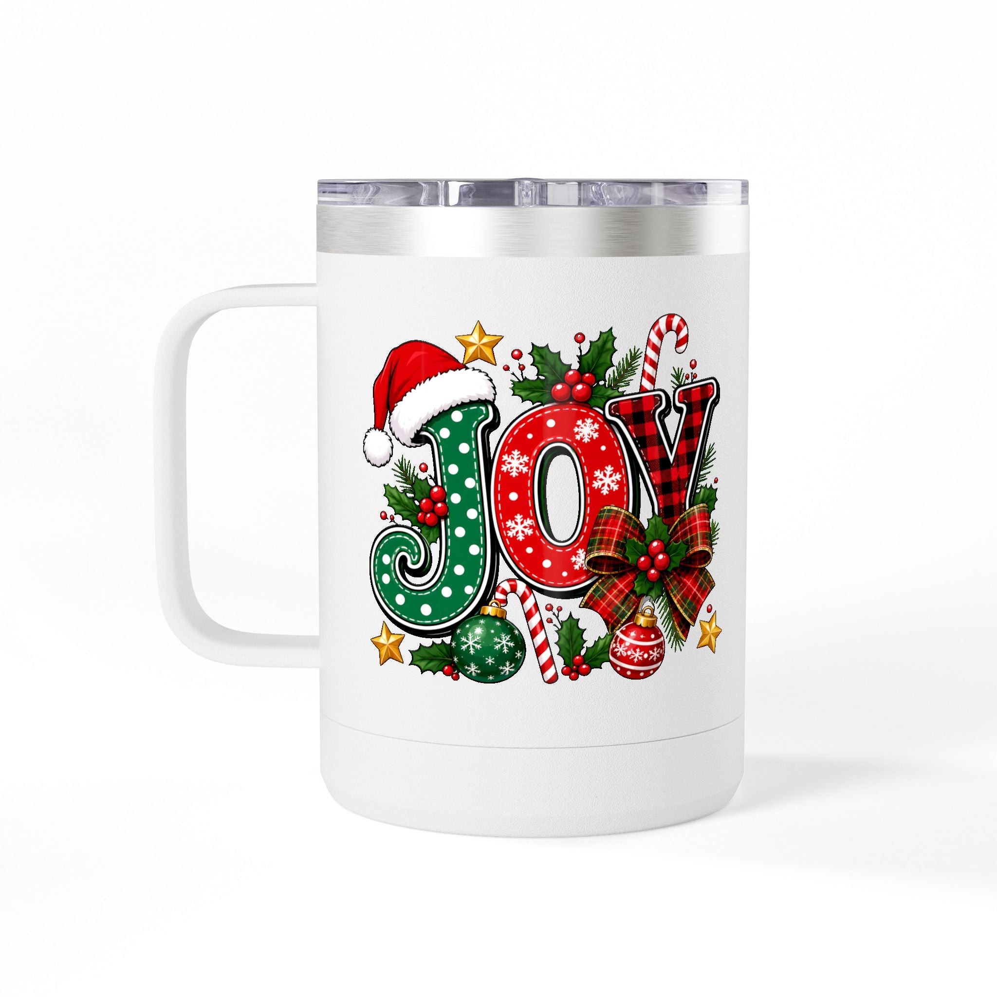 Joy Christmas Mug Tumbler — 15oz Holiday Coffee Cup with Candy Cane & Santa Hat Design