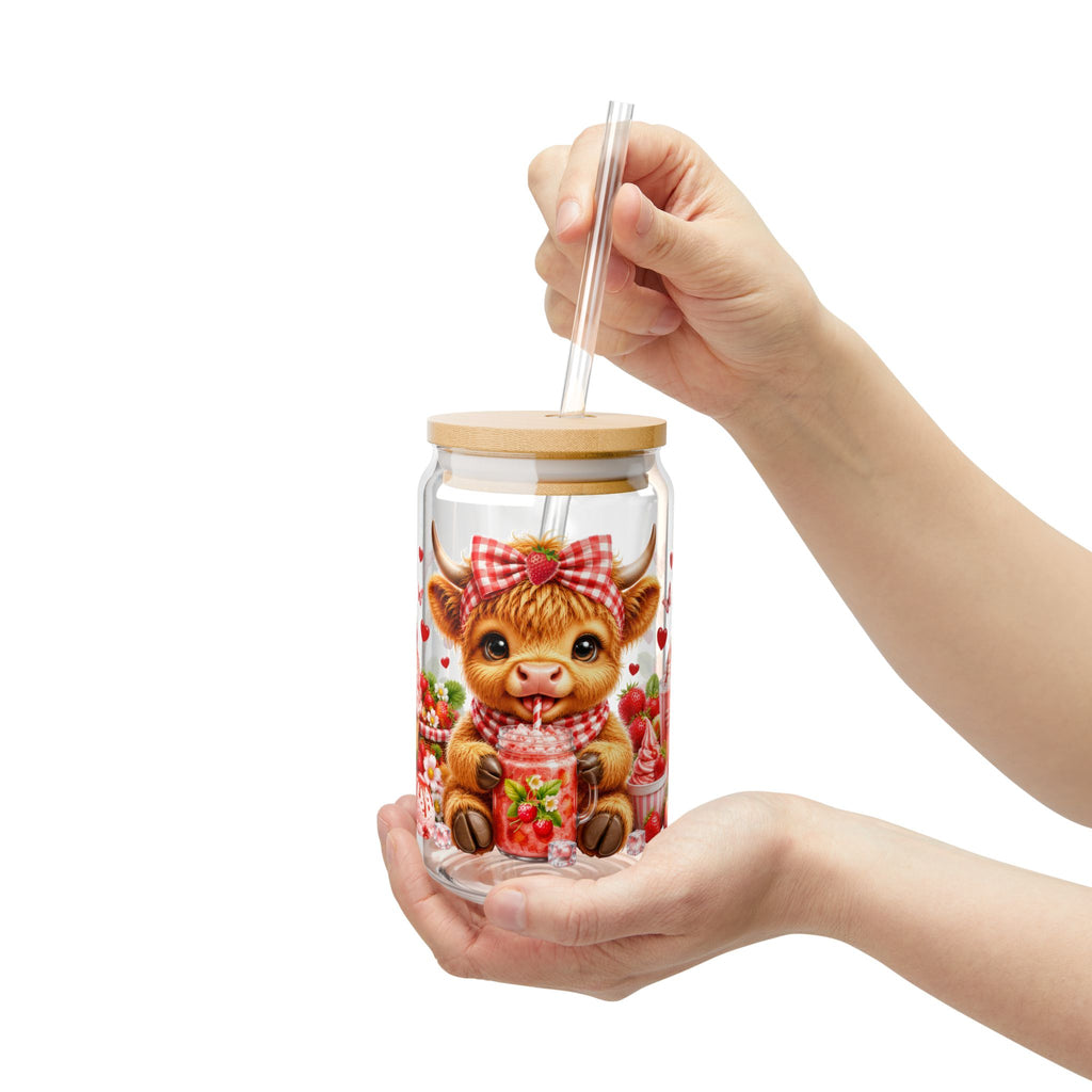 16oz Glass Can - Cute Highland Cow with Strawberries Design