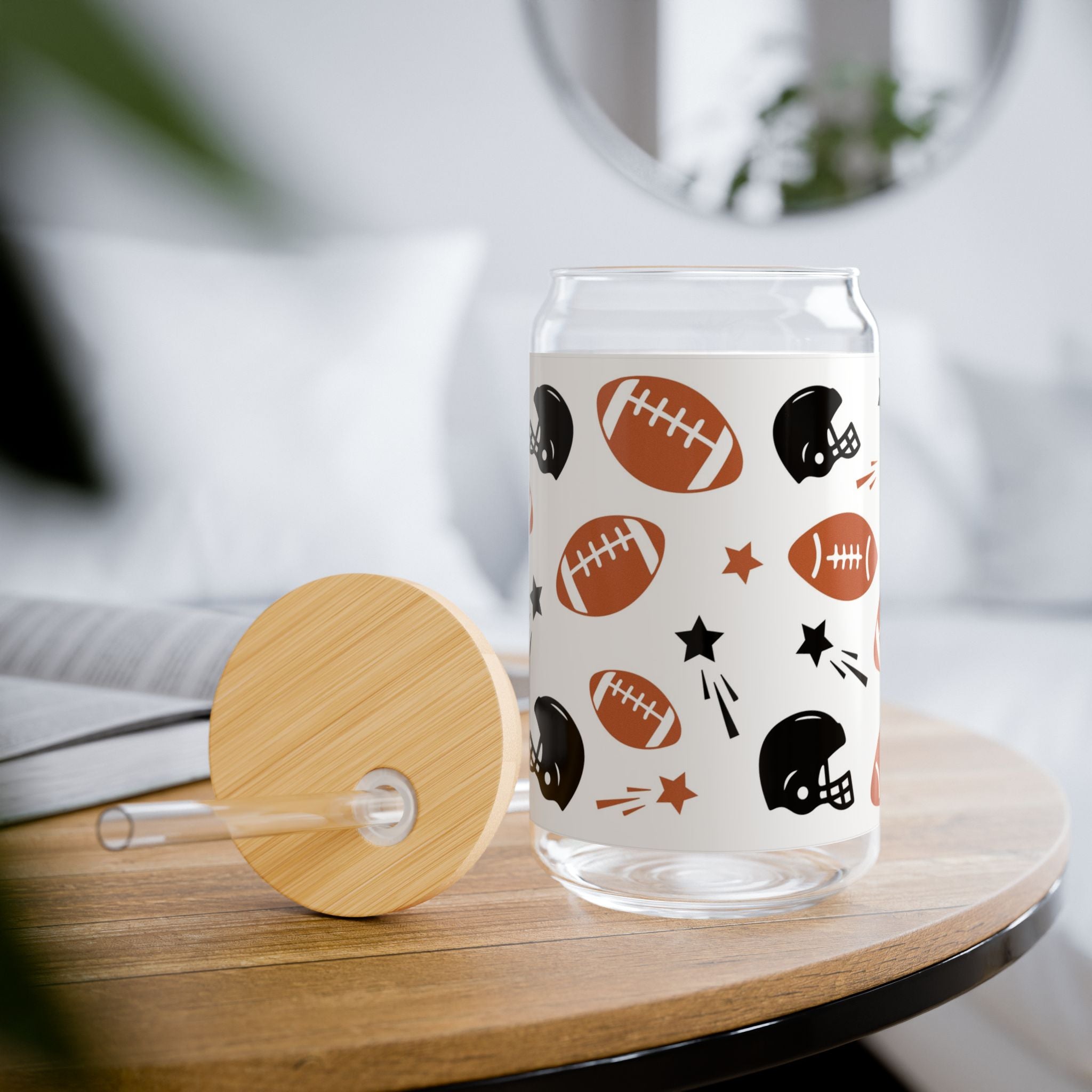 Football Pattern Sipper Glass, 16oz – Sports Fan Drink Tumbler with Helmet & Ball Design