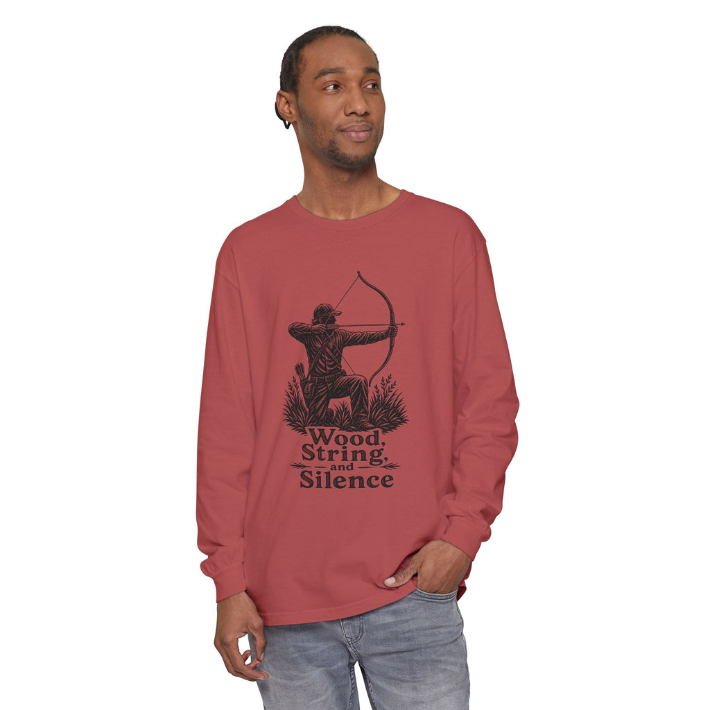 Comfort Colors Archery Long Sleeve Shirt — "Wood, String, and Silence" Vintage Archer Tee