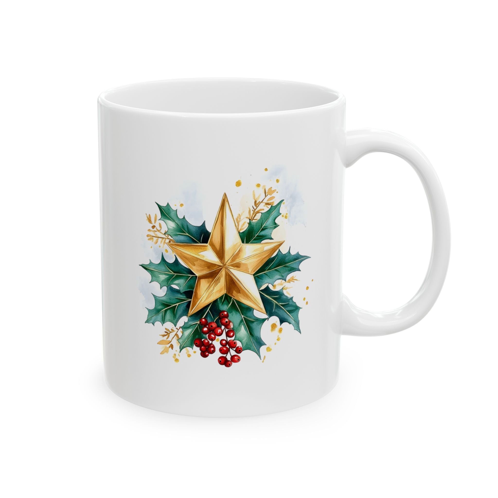Holly & Gold Floral Ceramic Mug — Festive Christmas Coffee Cup (11oz/15oz)