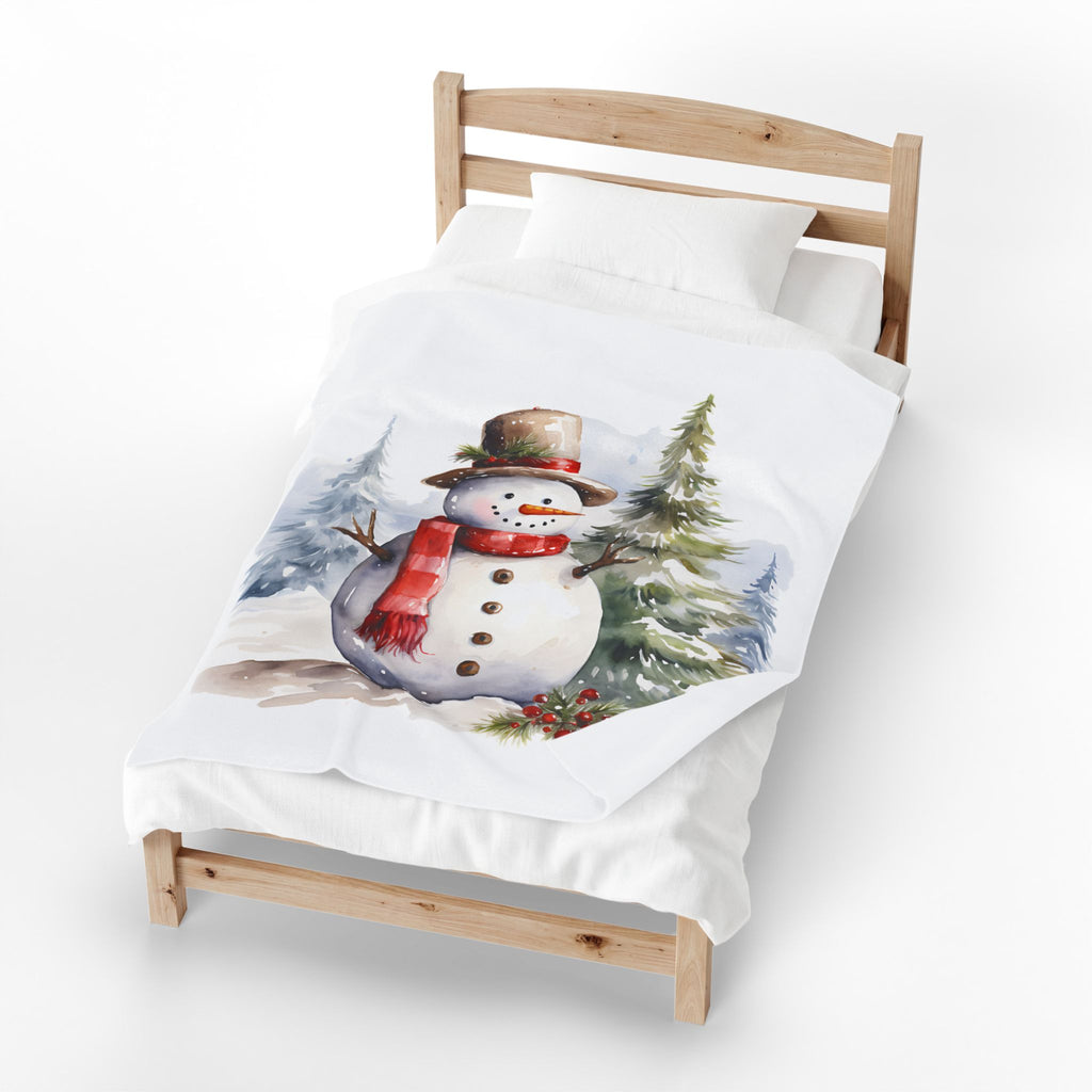 Watercolor Snowman Velveteen Plush Blanket | Christmas Winter Scene