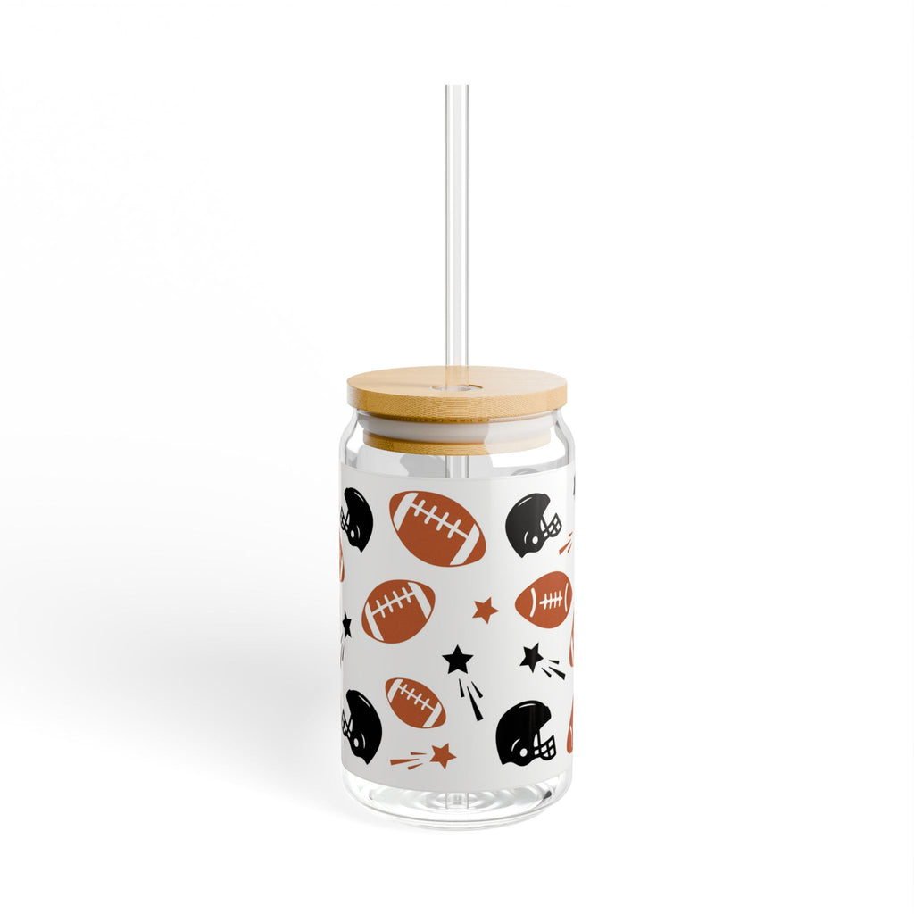 Football Pattern Sipper Glass, 16oz – Sports Fan Drink Tumbler with Helmet & Ball Design