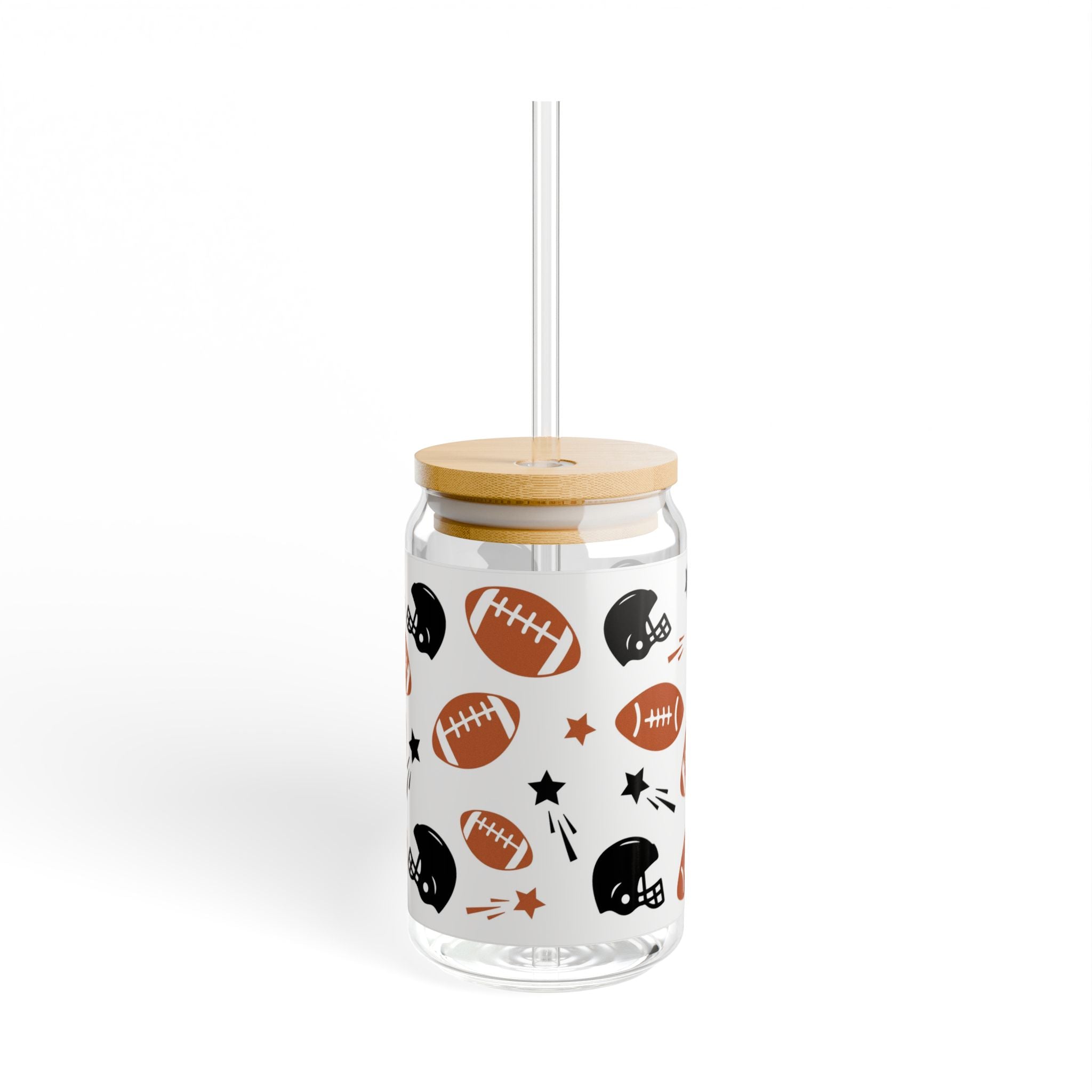 Football Pattern Sipper Glass, 16oz – Sports Fan Drink Tumbler with Helmet & Ball Design
