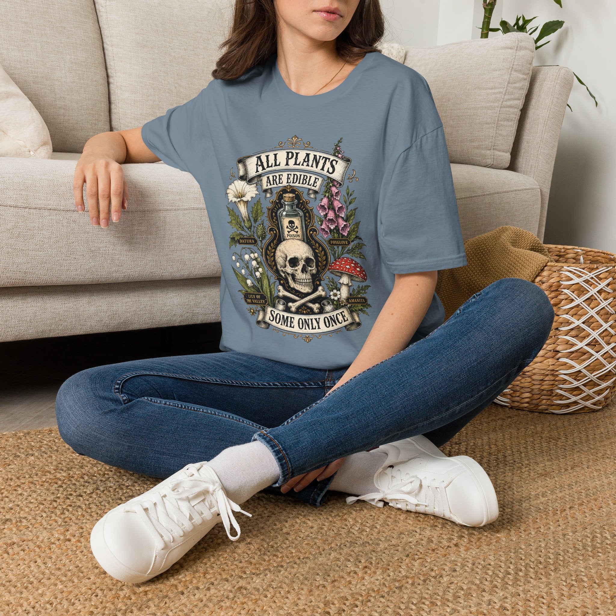 T-Shirt — "All Plants Are Edible (Some Only Once)" Botanical Skull Graphic Tee