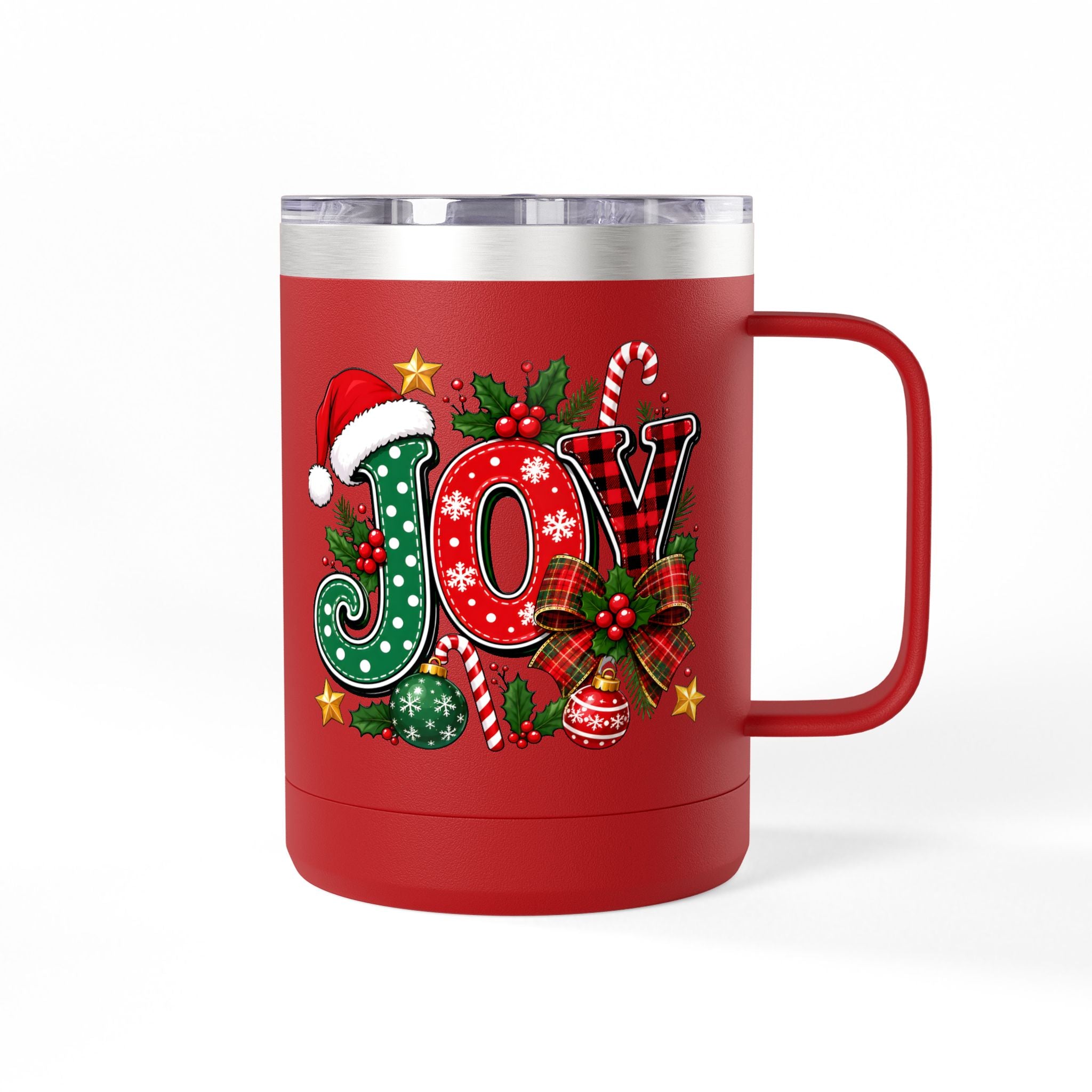 Joy Christmas Mug Tumbler — 15oz Holiday Coffee Cup with Candy Cane & Santa Hat Design
