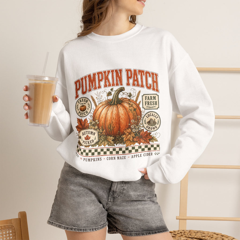 Pumpkin Patch Crewneck Sweatshirt — Vintage Autumn Farm Pumpkin Design