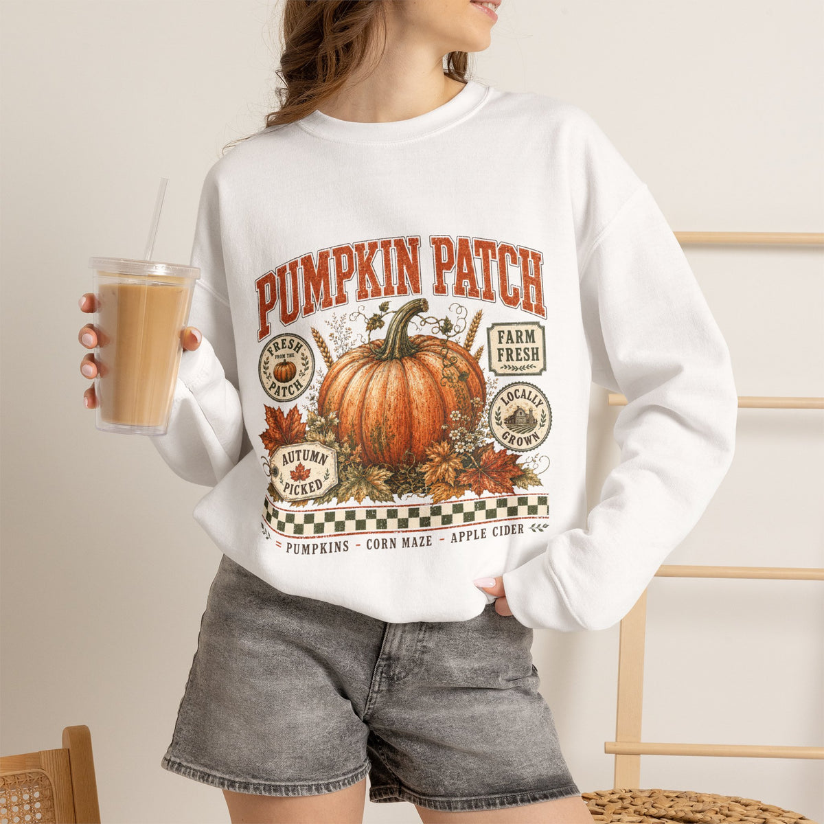 Pumpkin Patch Crewneck Sweatshirt — Vintage Autumn Farm Pumpkin Design
