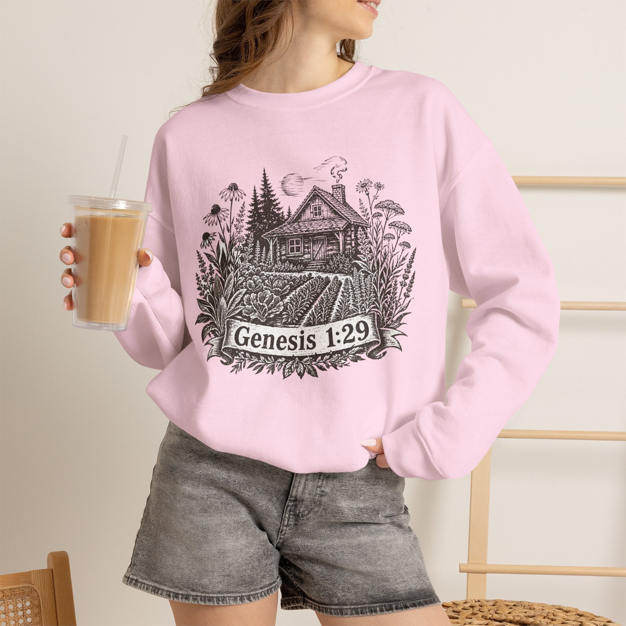 Genesis 1:29 Cottage Crewneck Sweatshirt — Vintage Bible Verse Nature Design