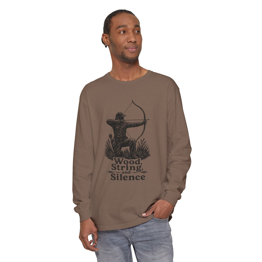 Comfort Colors Archery Long Sleeve Shirt — "Wood, String, and Silence" Vintage Archer Tee