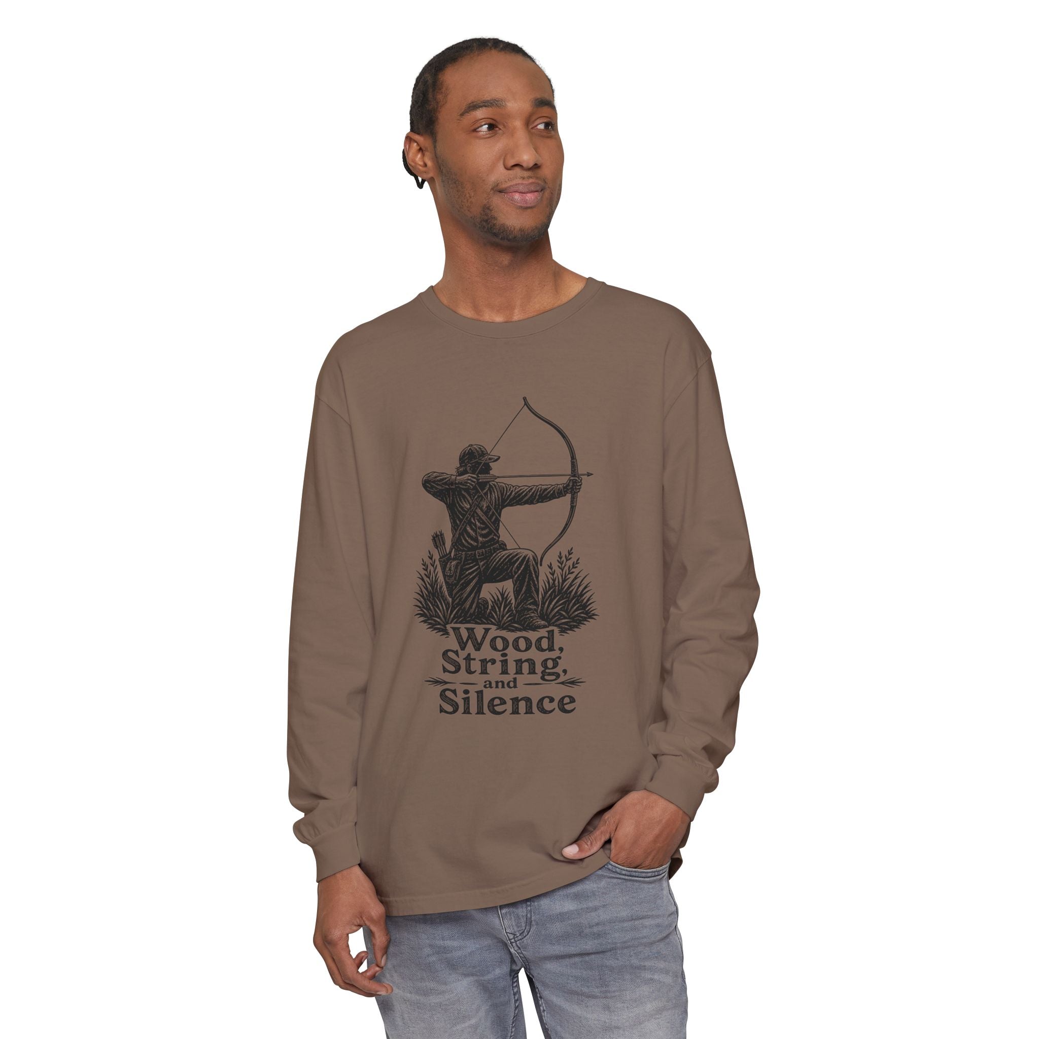 Comfort Colors Archery Long Sleeve Shirt — "Wood, String, and Silence" Vintage Archer Tee