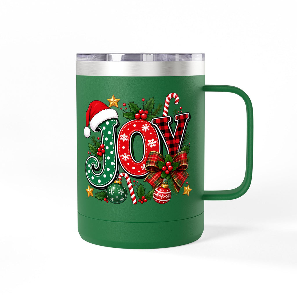 Joy Christmas Mug Tumbler — 15oz Holiday Coffee Cup with Candy Cane & Santa Hat Design