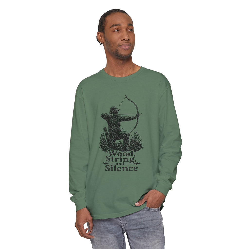 Comfort Colors Archery Long Sleeve Shirt — "Wood, String, and Silence" Vintage Archer Tee