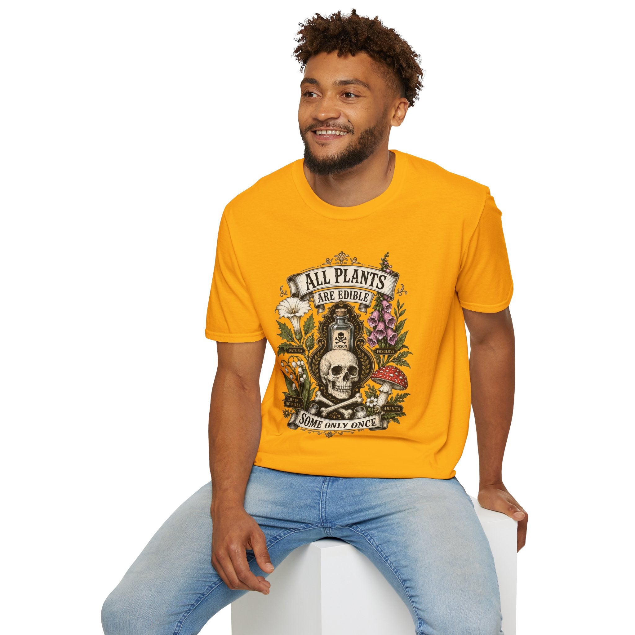 T-Shirt — "All Plants Are Edible (Some Only Once)" Botanical Skull Graphic Tee