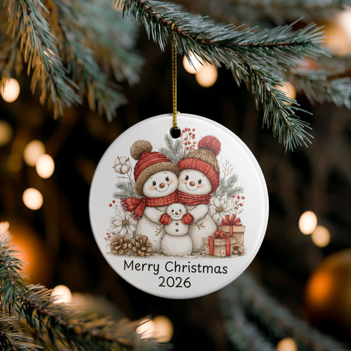 Ceramic Ornament — Merry Christmas 2026 Snowman Family Holiday Decoration