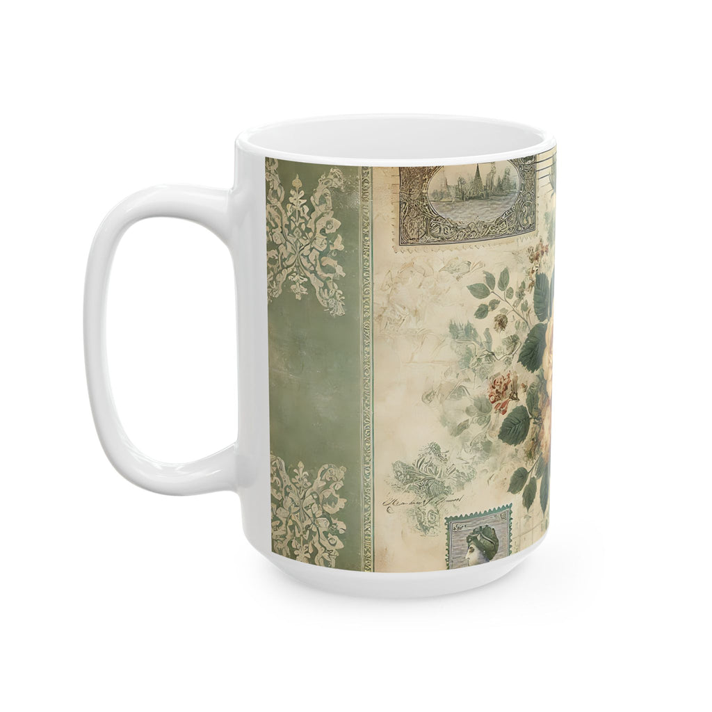 Vintage Floral Ceramic Mug — Antique Rose Tea Coffee Cup (11oz & 15oz)