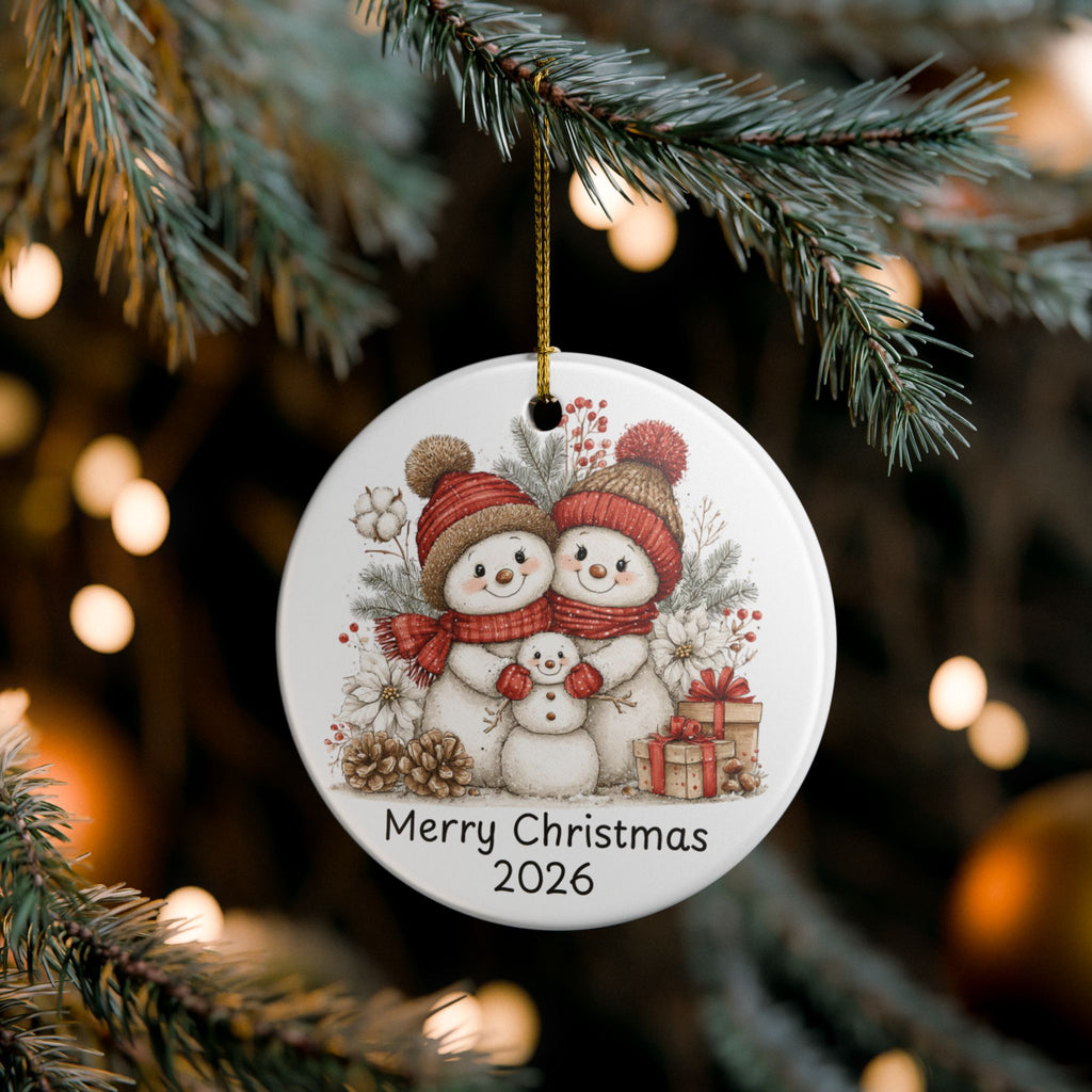 Ceramic Ornament — Merry Christmas 2026 Snowman Family Holiday Decoration