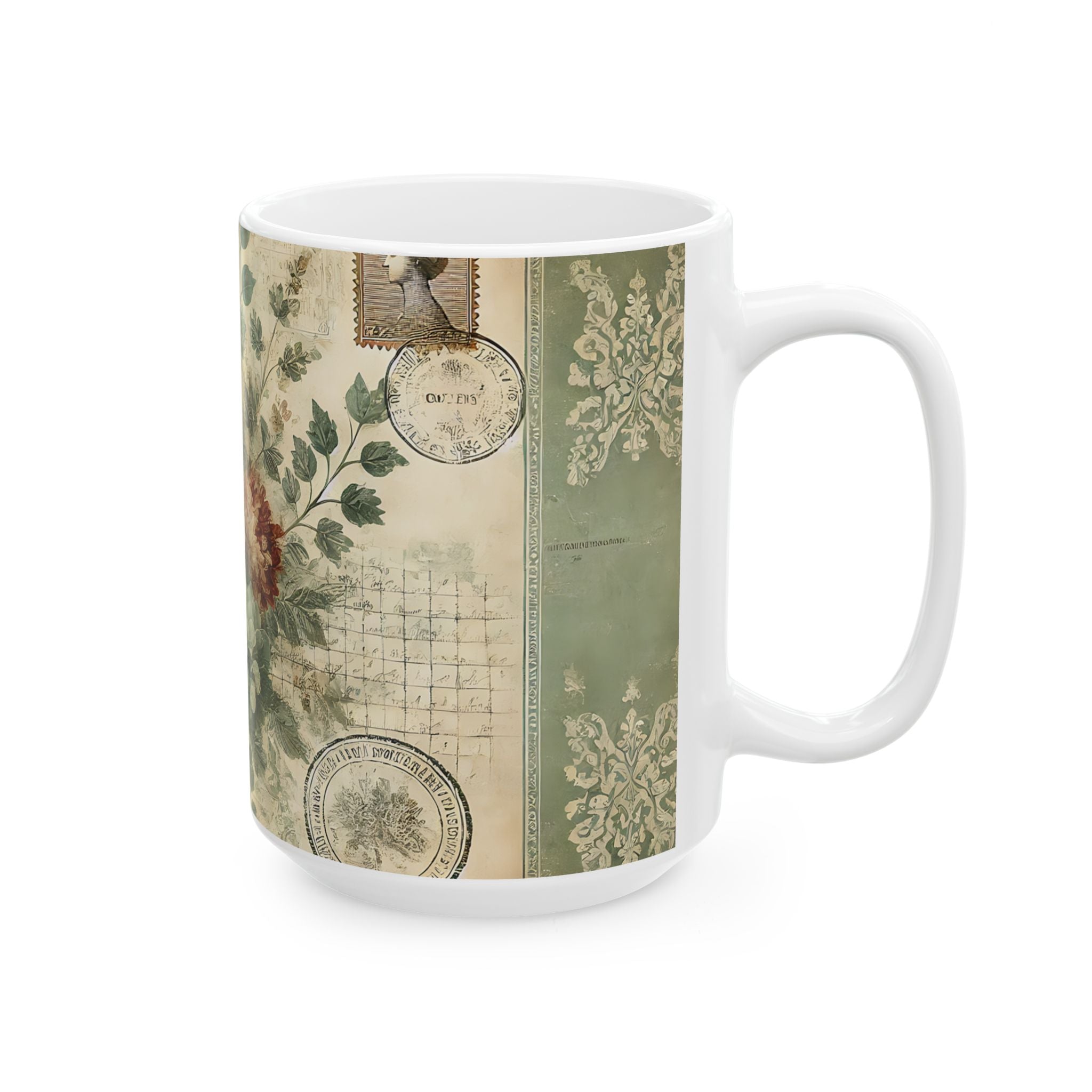 Vintage Floral Ceramic Mug — Antique Rose Tea Coffee Cup (11oz & 15oz)