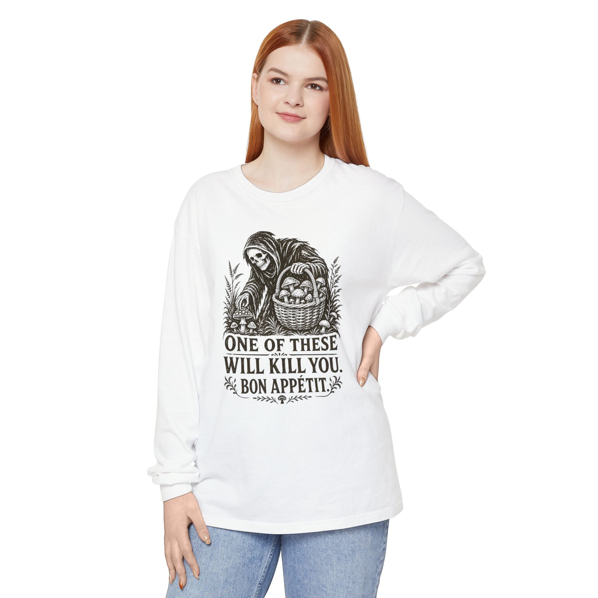 Comfort Colors Grim Reaper Harvest Long Sleeve Tee – "One of These Will Kill You. Bon Appétit."