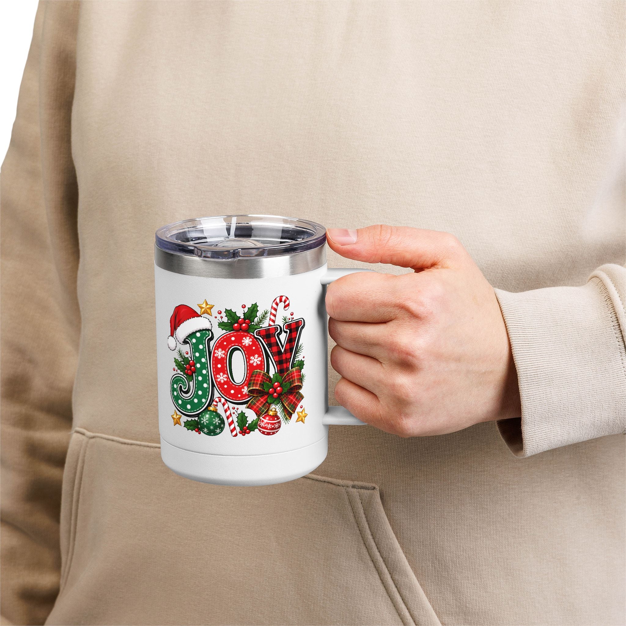 Joy Christmas Mug Tumbler — 15oz Holiday Coffee Cup with Candy Cane & Santa Hat Design