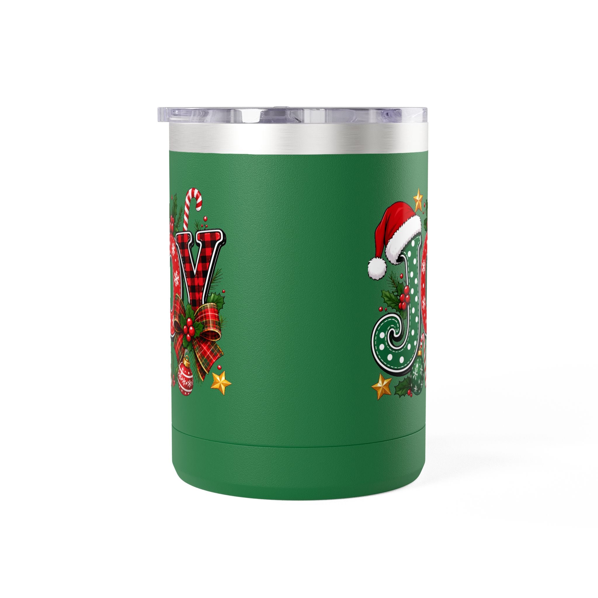 Joy Christmas Mug Tumbler — 15oz Holiday Coffee Cup with Candy Cane & Santa Hat Design