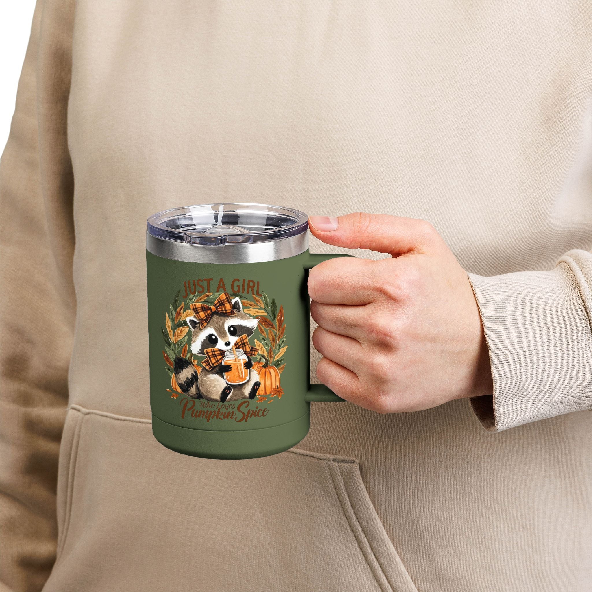 15oz Tumbler Mug — "Just a Girl Who Loves Pumpkin Spice" Autumn Raccoon Travel Cup