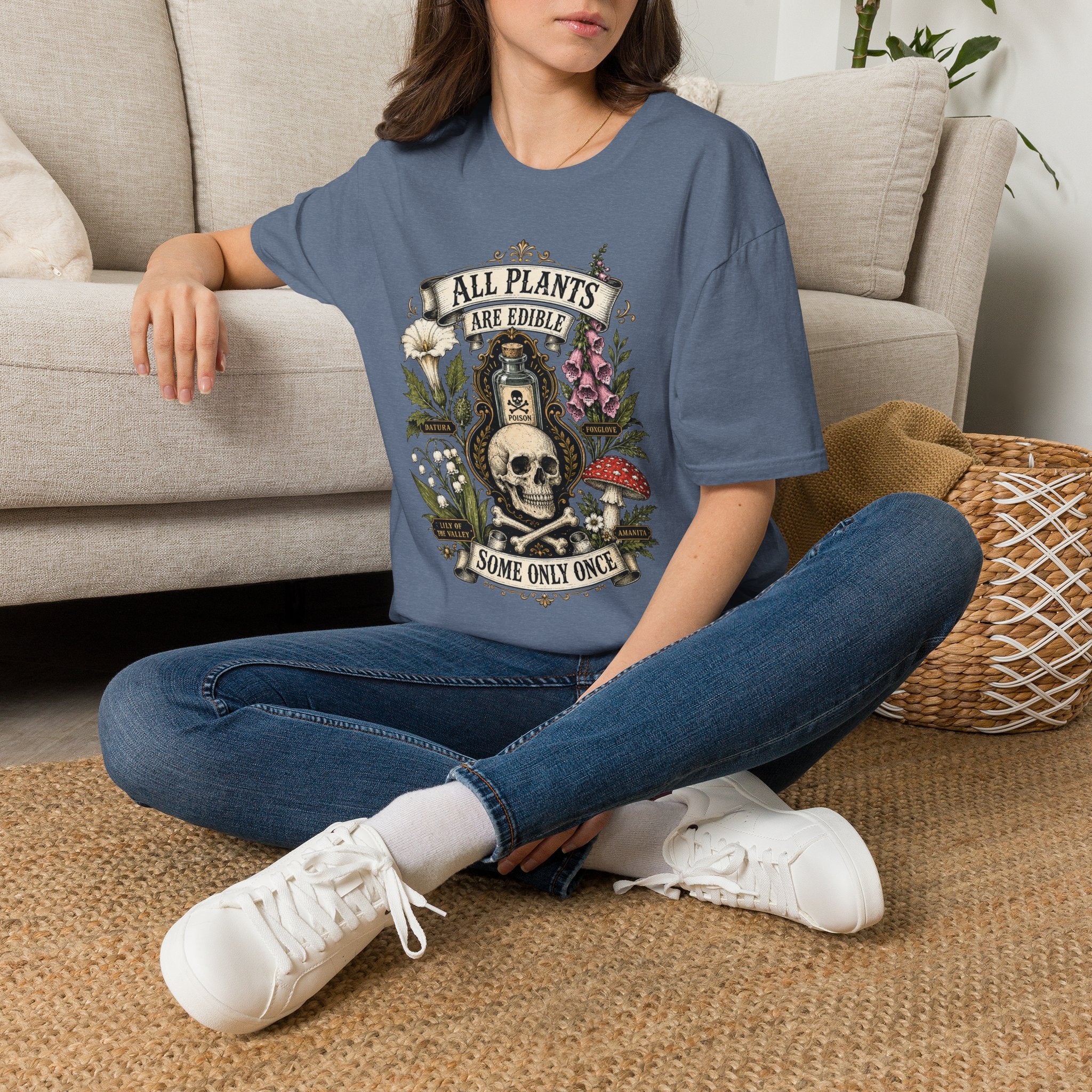 T-Shirt — "All Plants Are Edible (Some Only Once)" Botanical Skull Graphic Tee