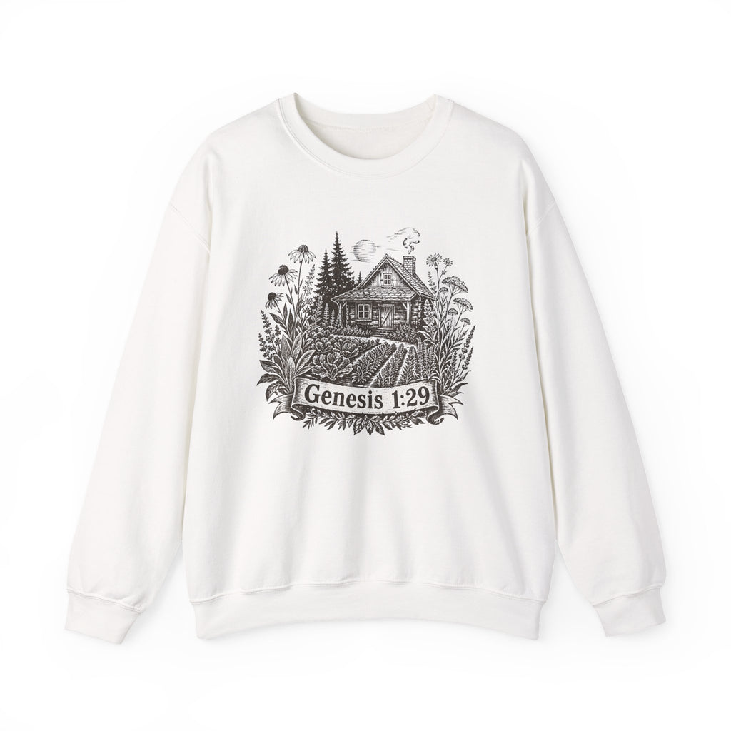 Genesis 1:29 Cottage Crewneck Sweatshirt — Vintage Bible Verse Nature Design