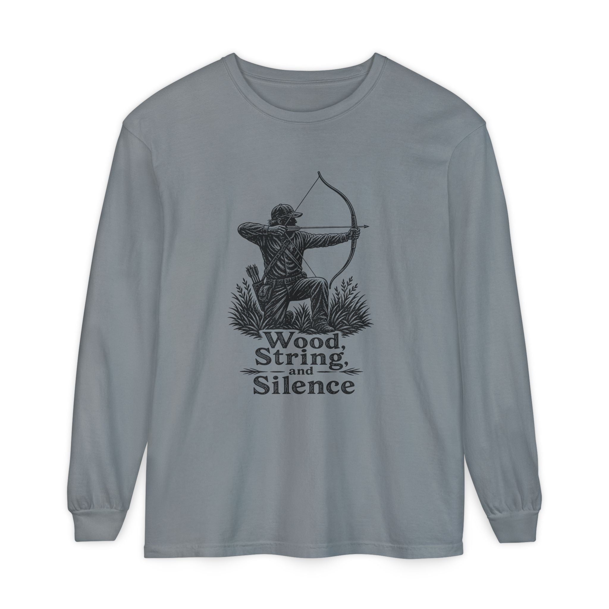 Comfort Colors Archery Long Sleeve Shirt — "Wood, String, and Silence" Vintage Archer Tee