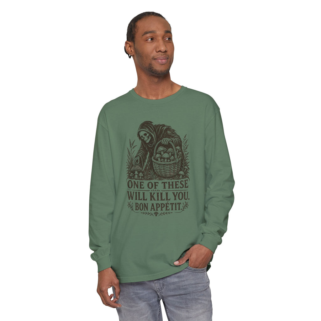 Comfort Colors Grim Reaper Harvest Long Sleeve Tee – "One of These Will Kill You. Bon Appétit."